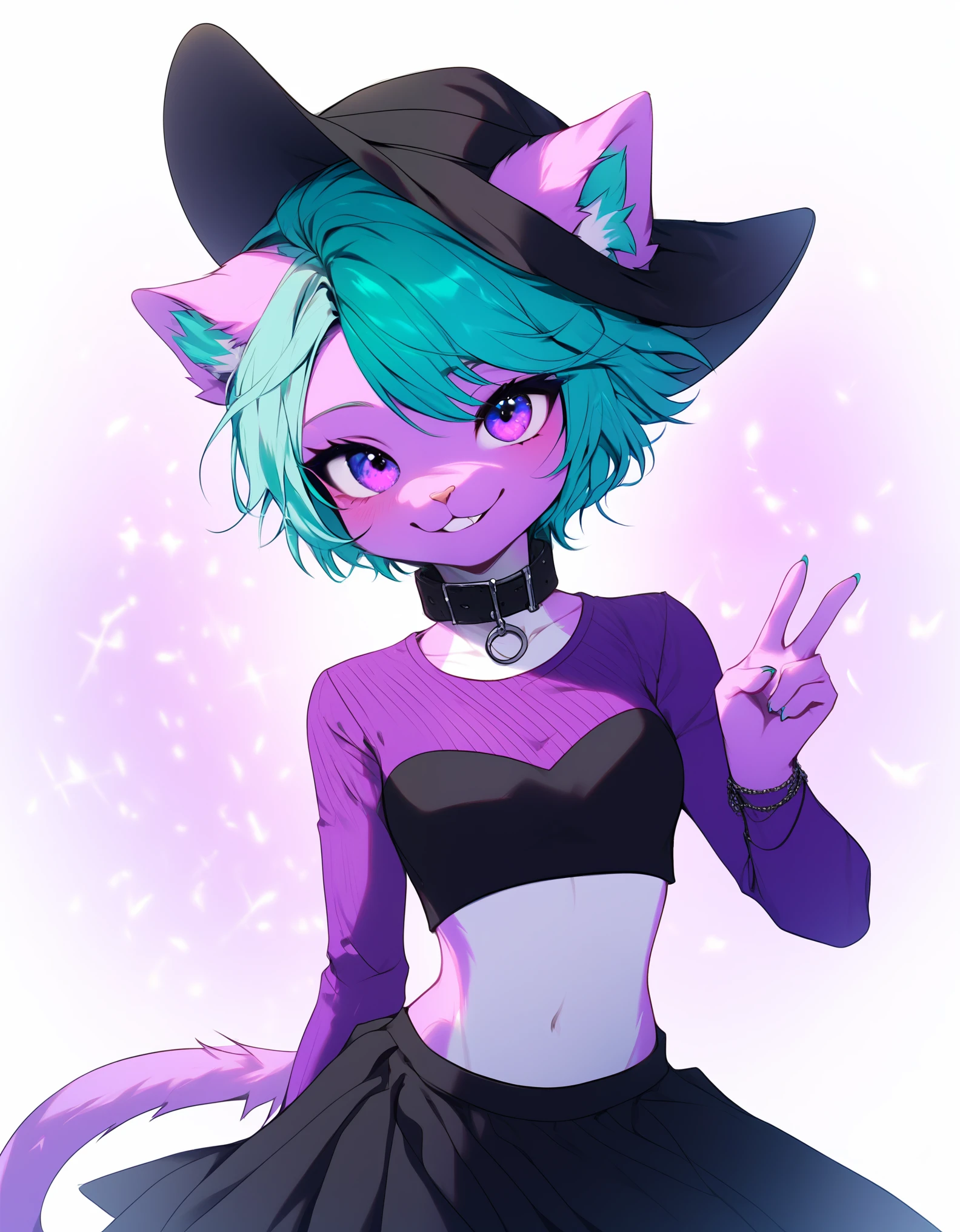 score_9, score_8_up, score_7_up, source_furry, rating_safe,  Gehalt, anthro, Allein, weiblich, tall slim body, wears a purple wizard hat, spiky purple cat ears with white tips, lila Augen, purple crop top with collar and long sleeves, black flowing skirt, bare legs, turquoise furry body, white feet paws, schwarze Katzennase, cute cat snout, turquoise hair, Stehen, Grastal, detailed background, hoher Kragen, Jitome, ausdruckslos, von fumiko, von hyattlen, by hioshiru, detailed, High resolution