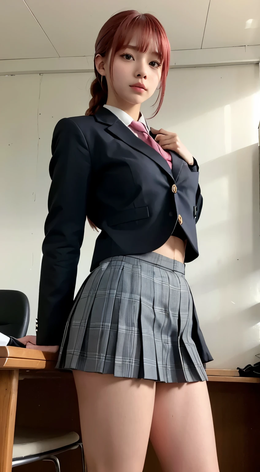 Highest quality、Ultra-high resolution、RAW Photos、(Shooting from below)、Detailed Background、In the classroom、full body,Makima、25-year-old female、(High tone cherry pink hair)+(Long braided hair)+(bangs)、(Yellow Eyes)、(Japanese high school girls uniform:1.1)+(Grey plaid pleated skirt)、(Huge breasts that look like they might burst:1.1)、Modest abdominal muscles、(Big thighs:1.0)、Sweat-soaked skin、Are standing、Model pose、Crowded classrooms