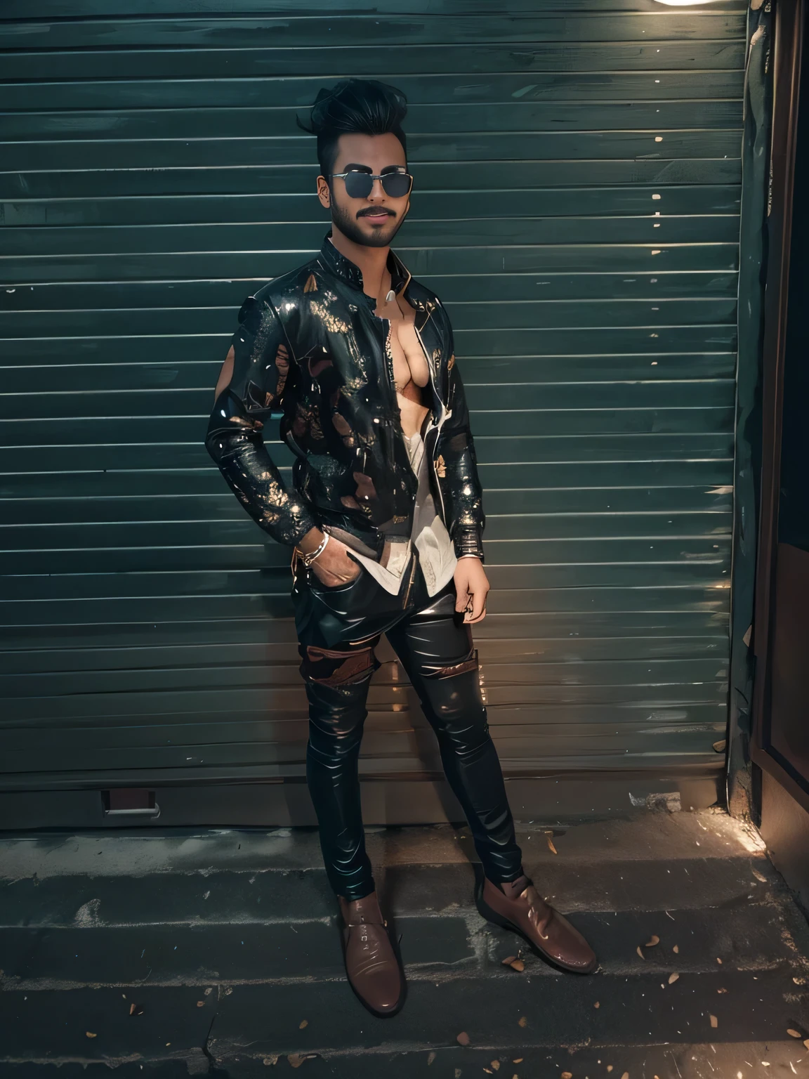 indian man, (chubby face), looking at viewer, (((yasuo league of legends))), (intricate details), hdr, (hyperdetailed:1.2), cinematic shot, hyperrealism, portrait, torso, hyperdetailed real human hair, worn lblack eather jacket, photograph, Fujifilm XT3,city streets background, bokeh, in the style of vintage photography, ultrawide lens halka smiling ans Sunglasses