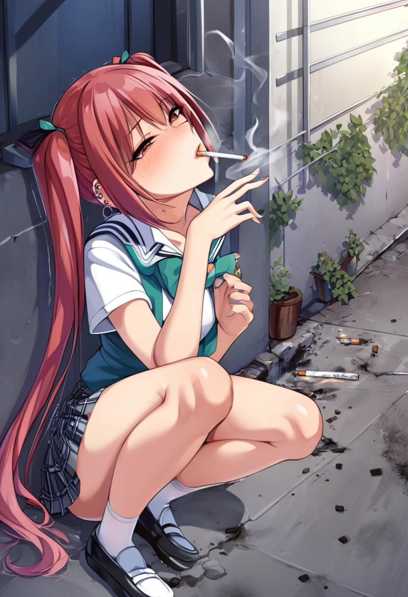 a girl smoking cigarettes rapidly and masturbating, pigtails, piercings, smoking cigarettes, sucking very hard on cigarette, the cigarette ash is growing very long, the cigarette ash is very long