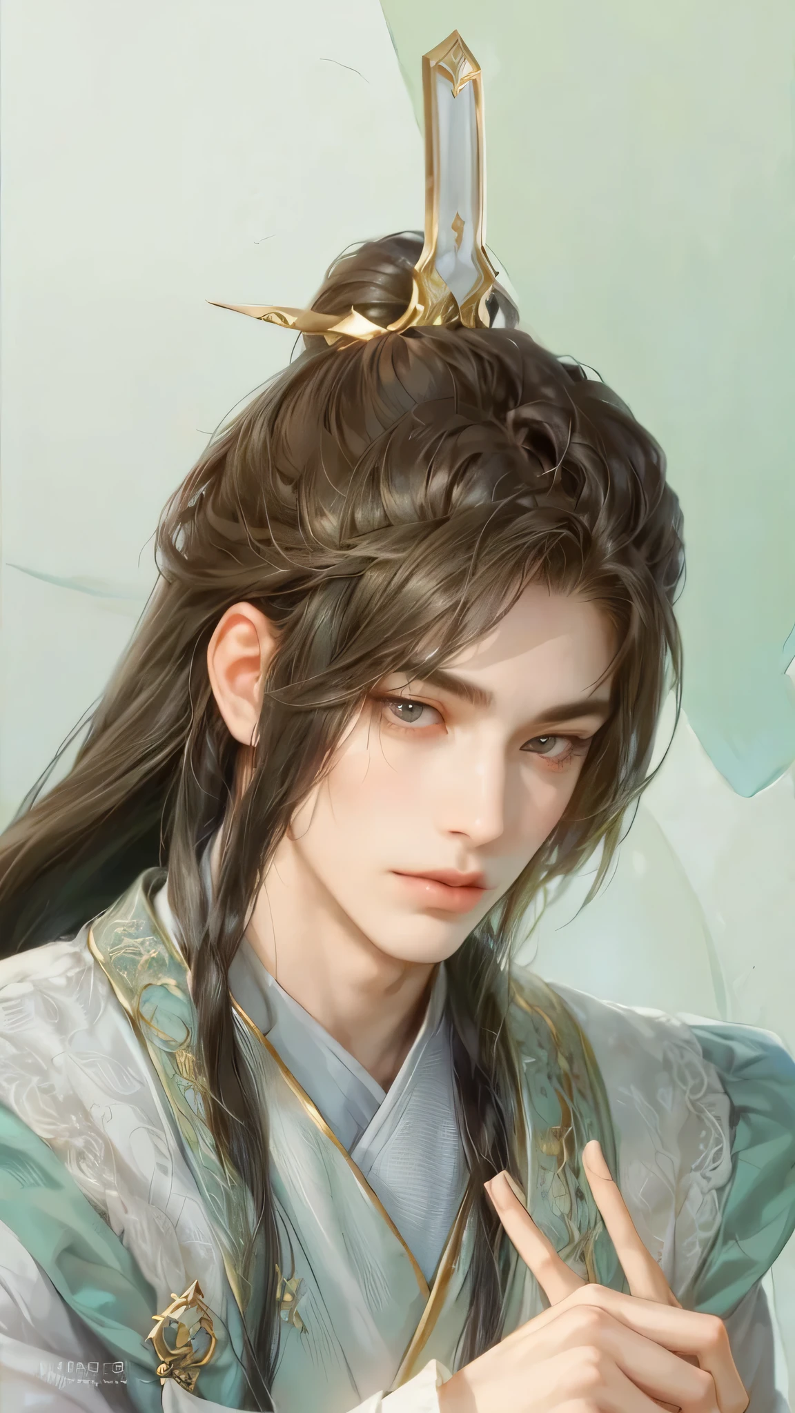 ((Best quality)), ((masterpiece)), (detailed), ((perfect face)), ((halfbody)) handsome face, male, boy, perfect proportions , and his lover, long hair, male version , detailed workshop background, detailedscenery background