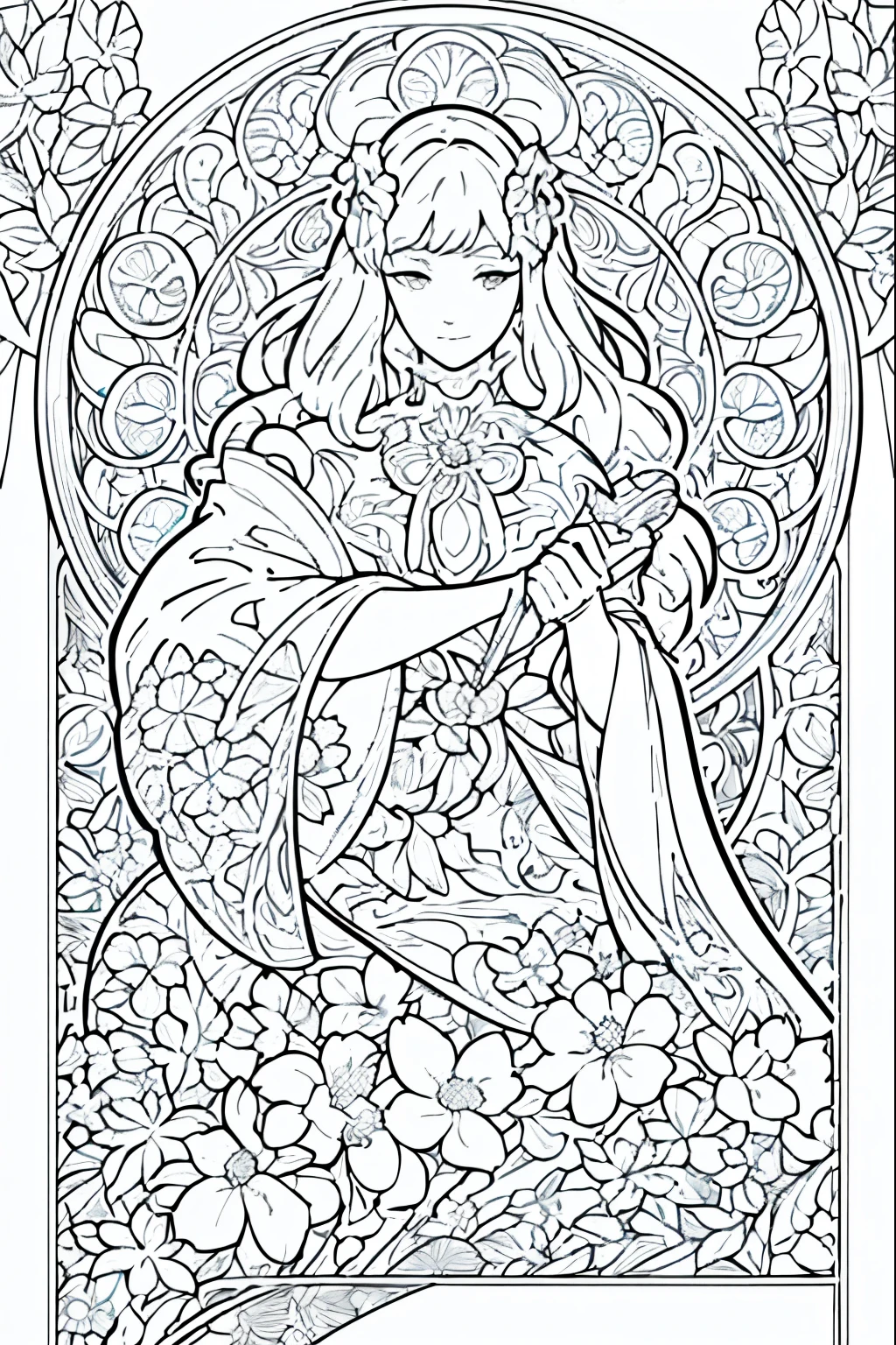 Flower Painting, Floral frame, Decorative panel, Abstract Art of Alphonse Mucha, sketchfab, 色や影のないLine artやシーン. (masterpiece, Better Quality, High resolution: 1.4), be familiar with, Intricate details, 4K, Color Splash, Line art, Fibonacci,