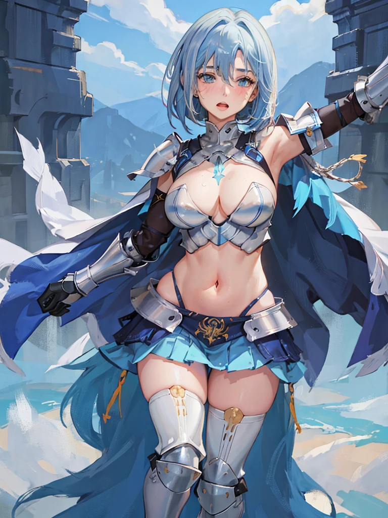 full body,masterpiece, high details, high quality, best quality, anatomically correct, masterpiece, textured skin, super detail,ultra-detailed, best quality, extremely detailed, 8k, high res, realistic, 1girl, 18yo, beautiful girl, (half closed eyes),(narrowed eyes:1.2),(open mouth), (blush:1.2),BREAK,(armor,navel exposed:1.8),blue beautiful eyes, (blue medium bob hair,asymmetrical parted bangs:1.6),BREAK,(voluptuous bust:1.5),(Gaunt , thin waist:1.3),white background,