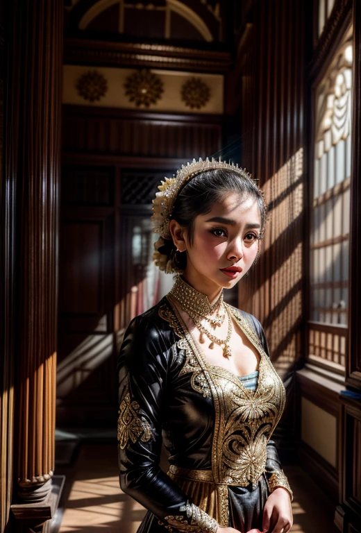 a gorgeous javanese hijab girl in a javanese kebaya in a huge room with outstanding soft rays of light scene, necklace, bracelet, detailed detail, soft rays of light, (medium framing shot), masterpiece, ultra sharp image,
