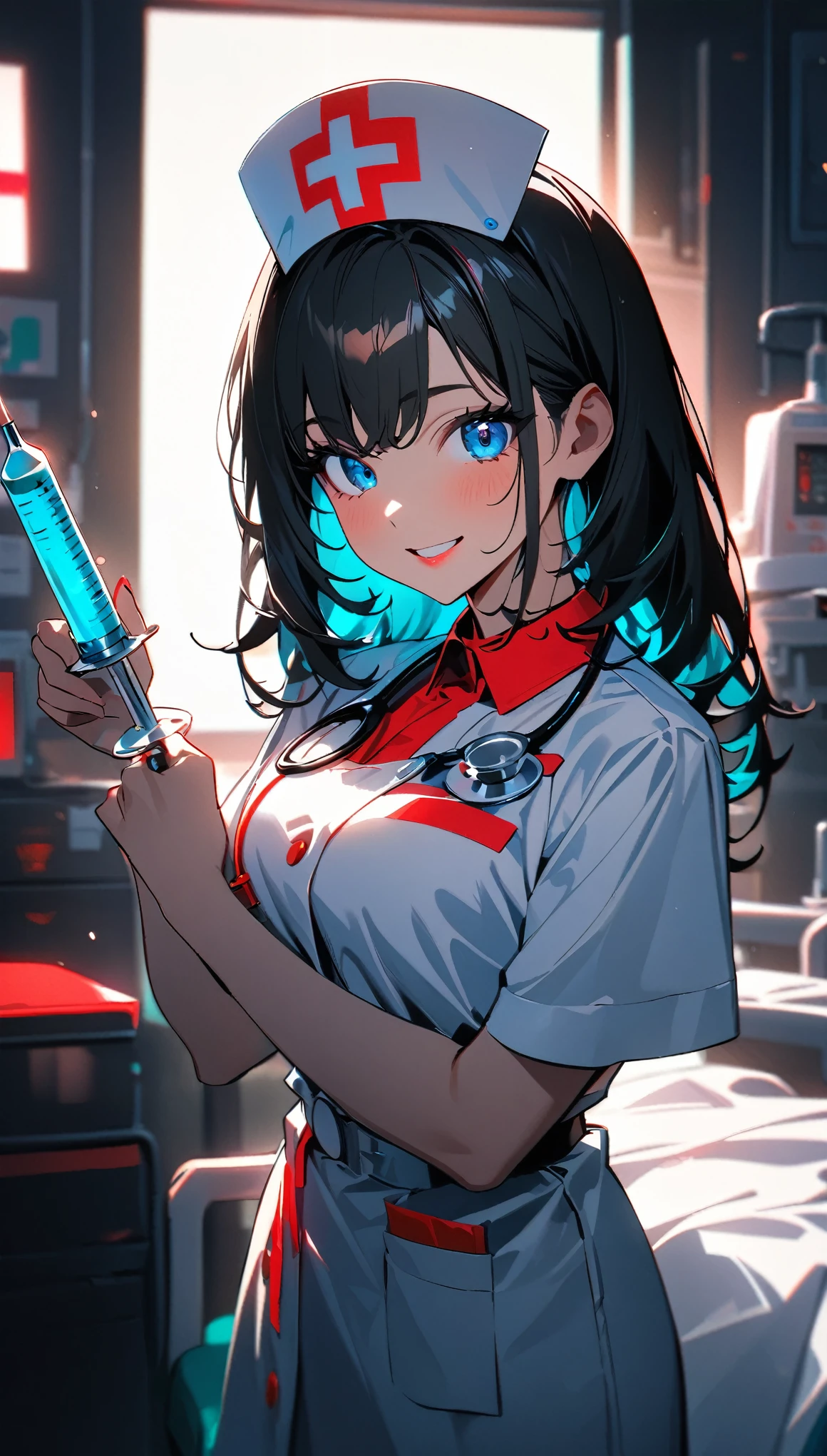 (highest quality:1.2, Very detailed, Latest, Vibrant, 超High resolution, High Contrast, masterpiece:1.2, highest quality, Best aesthetics), (((1 girl))), Beautiful nurse, Smiling nurse holding a large syringe, Carefully drawn medical equipment, Medical Uniforms, Professionalism, Bright colors, Soft lighting, Expressive eyes, Detailed lips, Long eyelashes, Stethoscope, Pleasant atmosphere, confidence, Focus on the nurse&#39;s face, Positive Energy, Calm background, Nurturing presence, High resolution, Sharp focus.