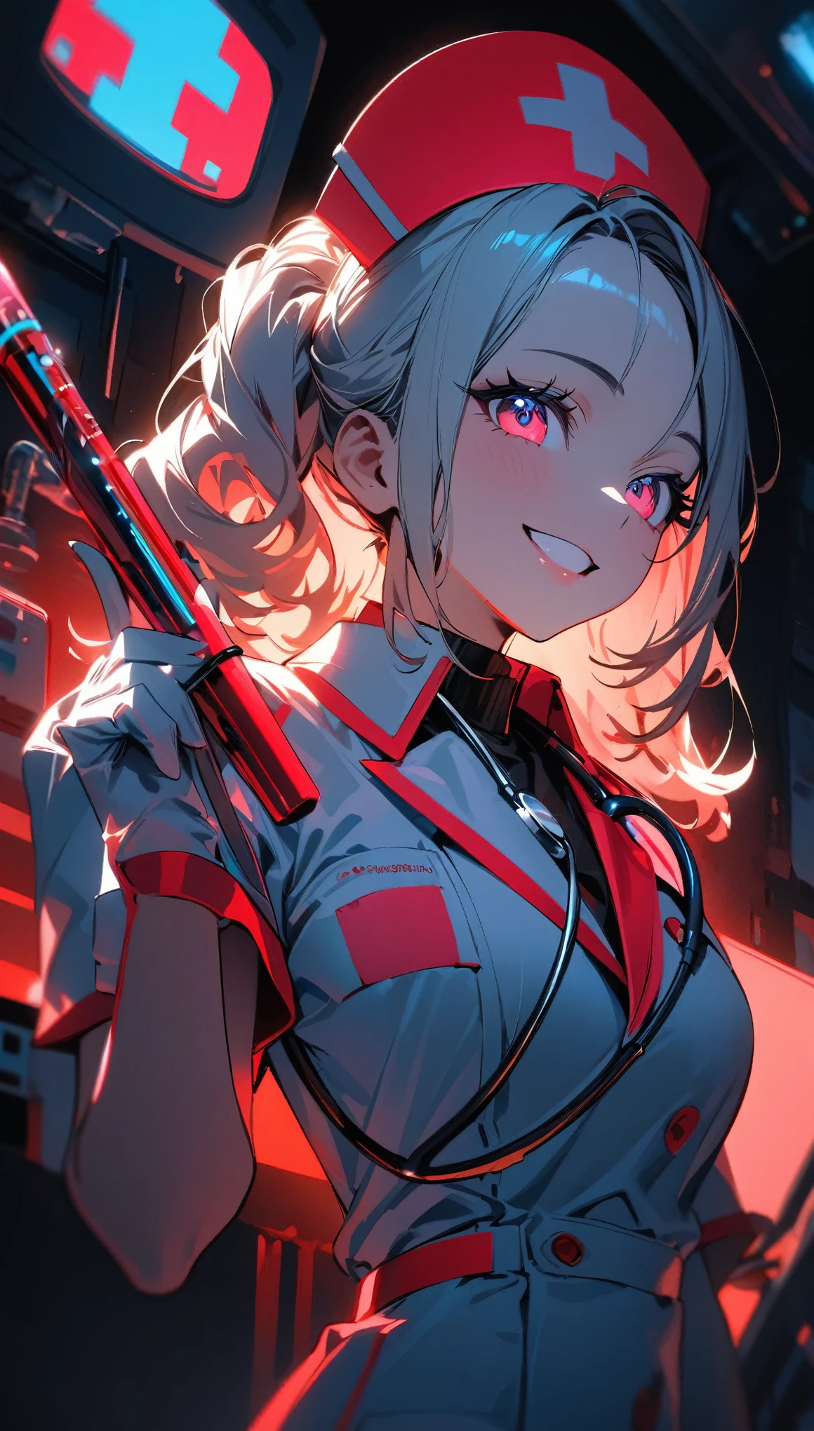 (highest quality:1.2, Very detailed, Latest, Vibrant, 超High resolution, High Contrast, masterpiece:1.2, highest quality, Best aesthetics), (((1 girl))), Beautiful nurse, Smiling nurse holding a large syringe, Carefully drawn medical equipment, Medical Uniforms, Professionalism, Bright colors, Soft lighting, Expressive eyes, Detailed lips, Long eyelashes, Stethoscope, Pleasant atmosphere, confidence, Focus on the nurse&#39;s face, Positive Energy, Calm background, Nurturing presence, High resolution, Sharp focus.