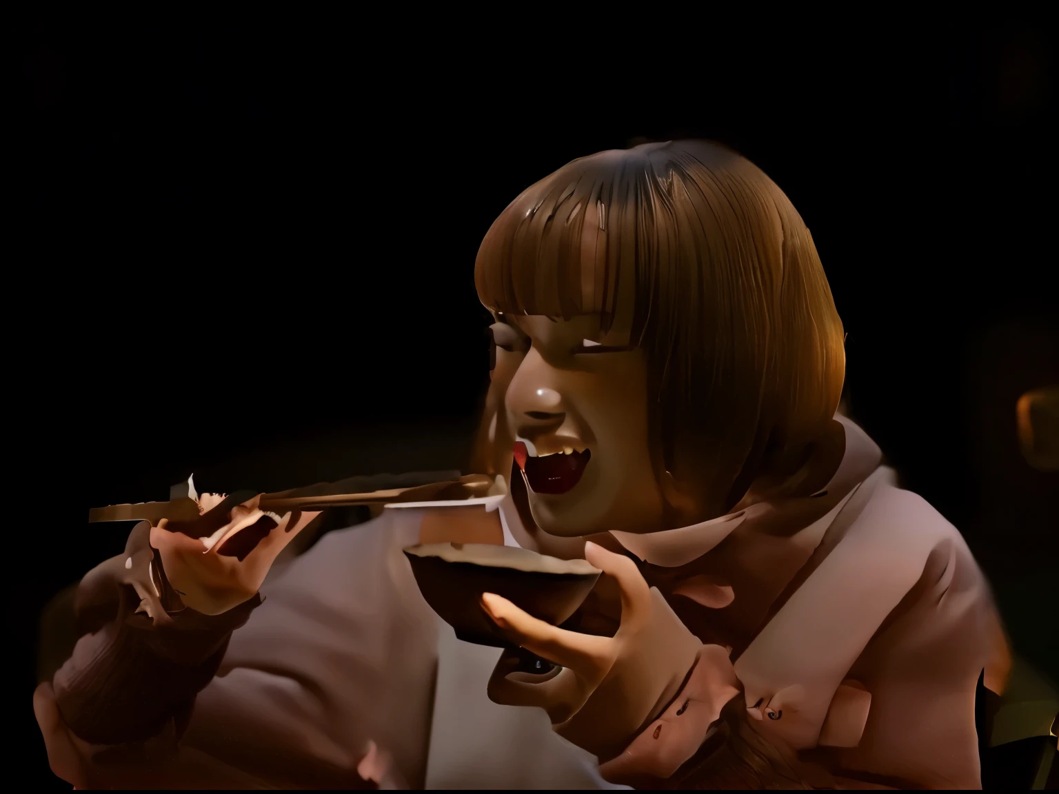 ((highest quality)), ((masterpiece)), Perfect Face,おBentoをeating,Realistic photos,Japanese women,Dark Room Background,smile,eating,おBento,Age 25,Japanese women,Hold it in your hand and put it in your mouth,Bento,Mouth open,cute