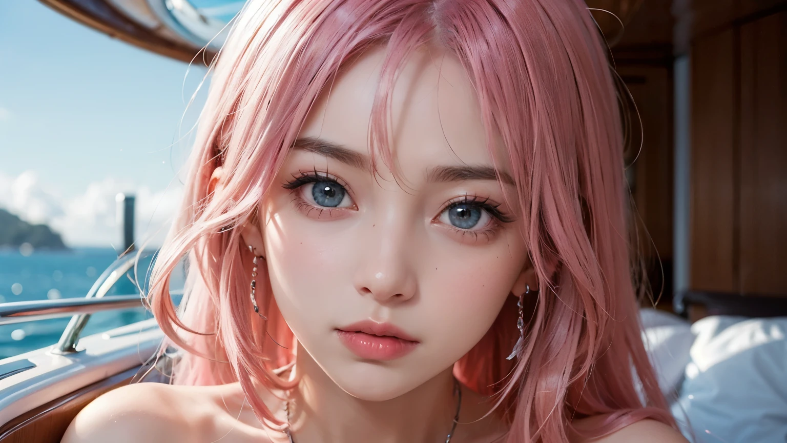 cute girl, pink hair, cleavage, yatch, detailed face, detailed eye