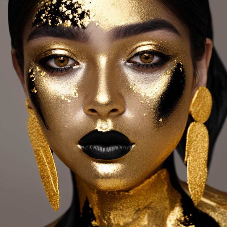 ultra 8k hd resolution, black and white photo raw, woman with gold paint on her face and black hair, digital art inspired by Hedi Xandt, pexels contest winner, digital art, portrait of metallic face, woman made of black flames, portrait shot, gold and black metal, 8k artistic portrait photography, black and gold rich color, black and gold colors, gold and black makeup