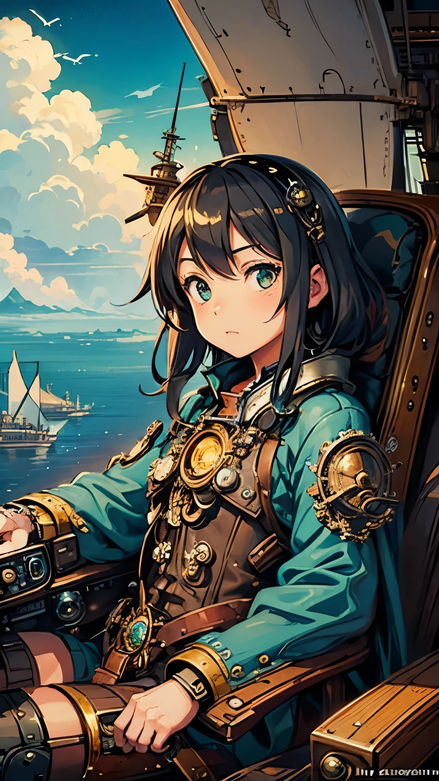 steampunkai。highest quality。Masterpiece。Detailed details。Looking down on the sea of clouds from the cockpit of a small airship。The steering wheel is located in front of the cockpit。