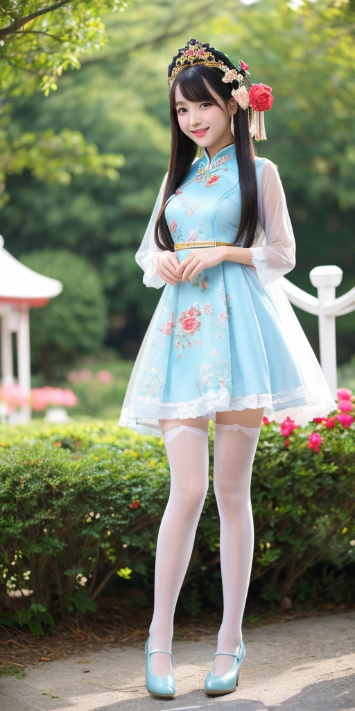 ((16k,super highest quality,Ultra-high resolution,masterpiece,Realistic,Realistic,Very detailed)),Young, adorable and cute 16 year old〜20 year old girl,((Seamless Ultra-thin All-through Pantyhose,Ultra-thin seamless pantyhose, sexy, all-through, beautiful legs, tights, stockings, sheer, pantyhose, ladies)),Full body photo,Full body angle,Esbian all over,Baby Face,single eyelid,Long legs,Thin legs,Thin thighs,Beautiful hands and feet,chest,Cute smile,Adorable smile,nice smile,Rose garden in the background,Long Straight Hair,Iris,Black Hair,A lovely, beautiful and youthful Japanese woman,With a young body,Slim waist,((Traditional Chinese Costume for Women,Short Chinese dresini Chinese Dress,Sexy Chinese Dress,Chinese Dress Sexy Lolita Dress)),((No underwear))