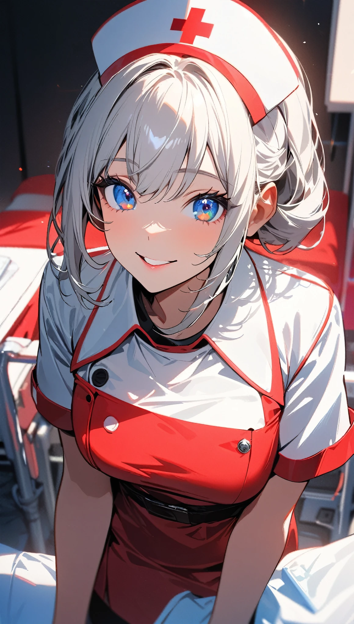 (highest quality:1.2, Very detailed, Latest, Vibrant, 超High resolution, High Contrast, masterpiece:1.2, highest quality, Best aesthetics), (((1 girl))), Beautiful nurse, Cute smiling nurse, Carefully drawn medical equipment, Medical Uniforms, Professionalism, Bright colors, Soft lighting, Expressive eyes, Detailed lips, Long eyelashes, original, Pleasant atmosphere, confidence, Focus on the nurse's face, Positive Energy, Calm background, Nurturing presence, High resolution, Sharp focus.
