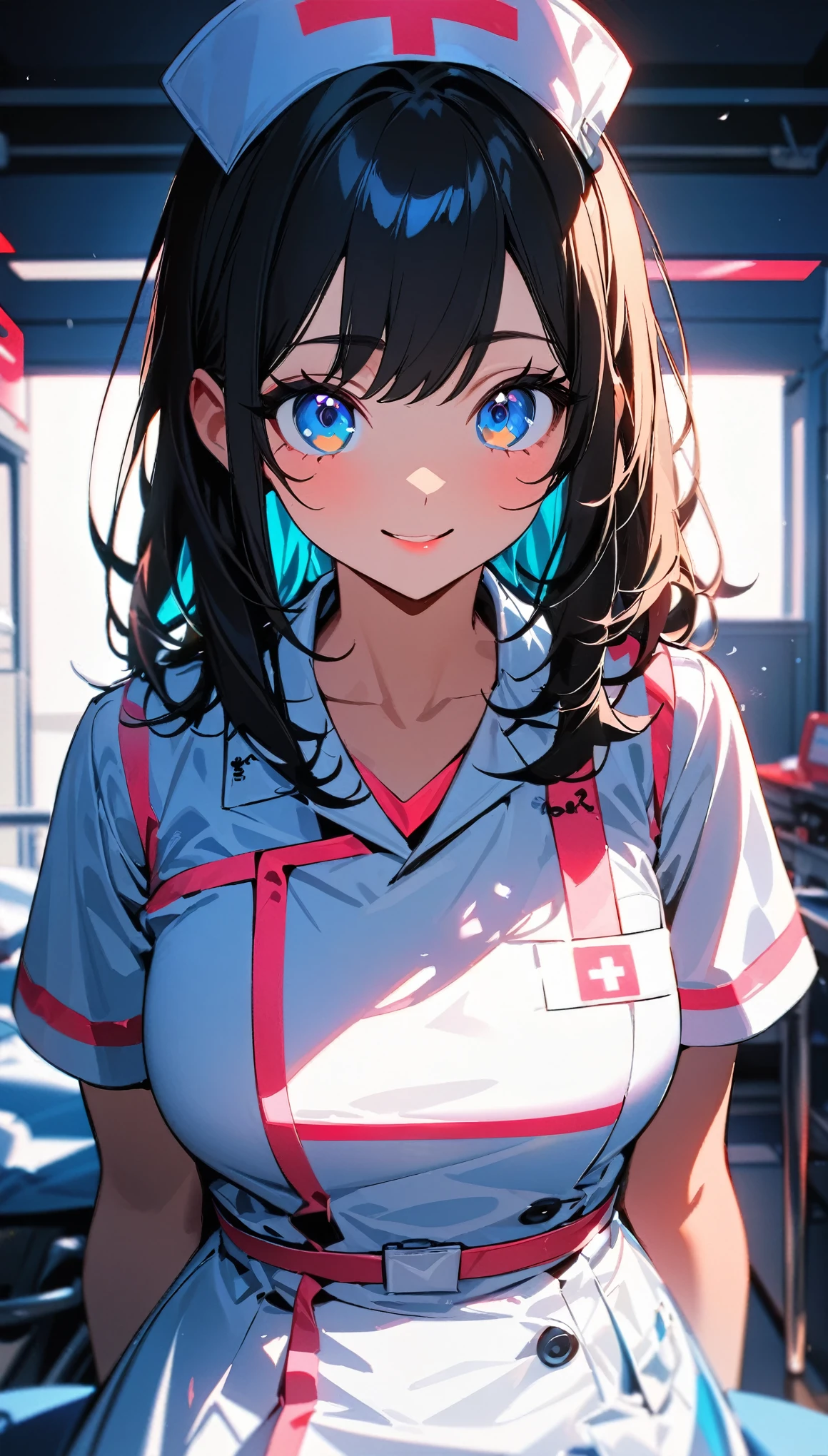 (highest quality:1.2, Very detailed, Latest, Vibrant, 超High resolution, High Contrast, masterpiece:1.2, highest quality, Best aesthetics), (((1 girl))), Beautiful nurse, Cute smiling nurse, Carefully drawn medical equipment, Medical Uniforms, Professionalism, Bright colors, Soft lighting, Expressive eyes, Detailed lips, Long eyelashes, original, Pleasant atmosphere, confidence, Focus on the nurse&#39;s face, Positive Energy, Calm background, Nurturing presence, High resolution, Sharp focus.