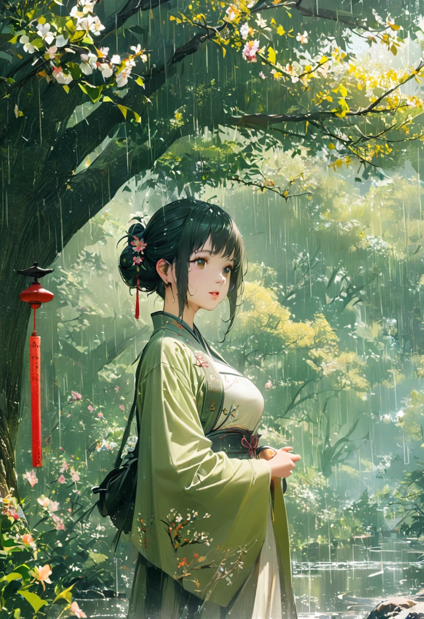 1girl, Cai GuoRUN's illustration style, Rainy Qingming season, Under a willow tree, A shepherd boy, amidst the rain, points into the distance, indicating the direction to Apricot Blossom Village, spring is full of freshness, rich details, spring scene, flat design, soft colors, vibrant tones, Chinese traditional painting elements, photorealistic, Minimal composition, High saturation and high contrast,rich light and shadow details, sharp contrast and clean lines