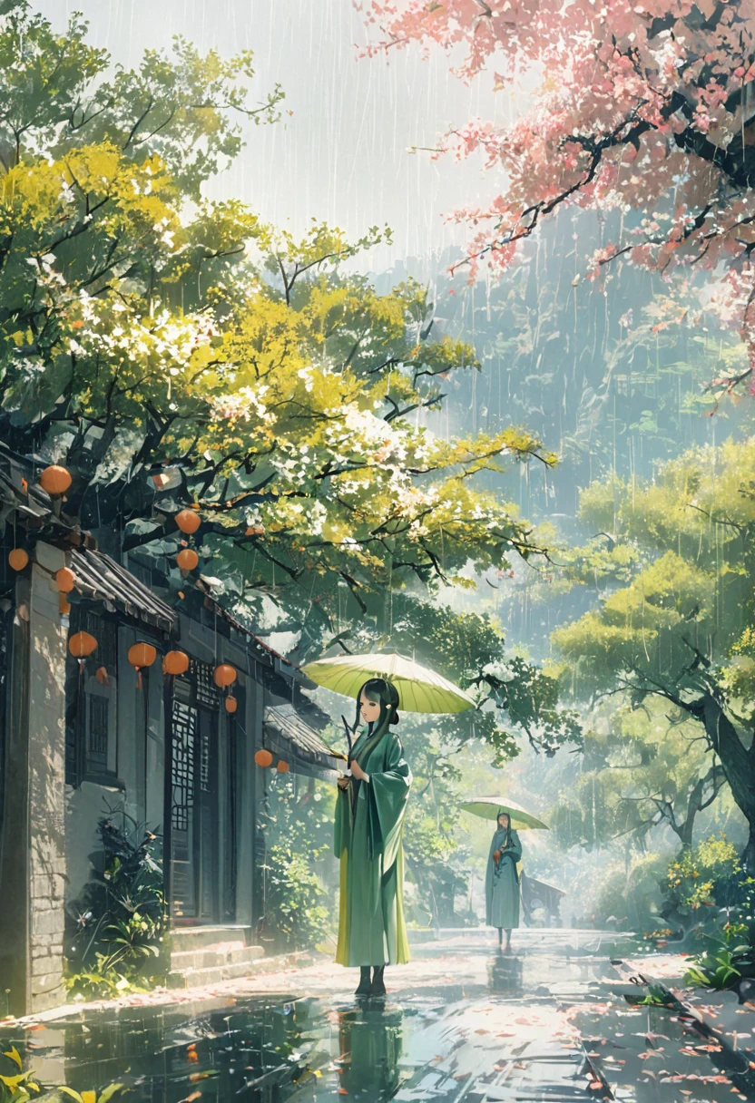 1cgrssh1, Cai GuoRUN's illustration style, Qingming rainy season, Under the willow tree, cowboy, in the rain, pointing into the distance, Direction to Heng Fa Chuen, Spring is full of freshness, Rich details, Spring Scene, Flat design, Soft colors, Vivid tones, Chinese traditional elements, Reality, Minimal composition, High Saturation、High contrast,Rich detail in light and shadow, Sharp contrasts and clean lines