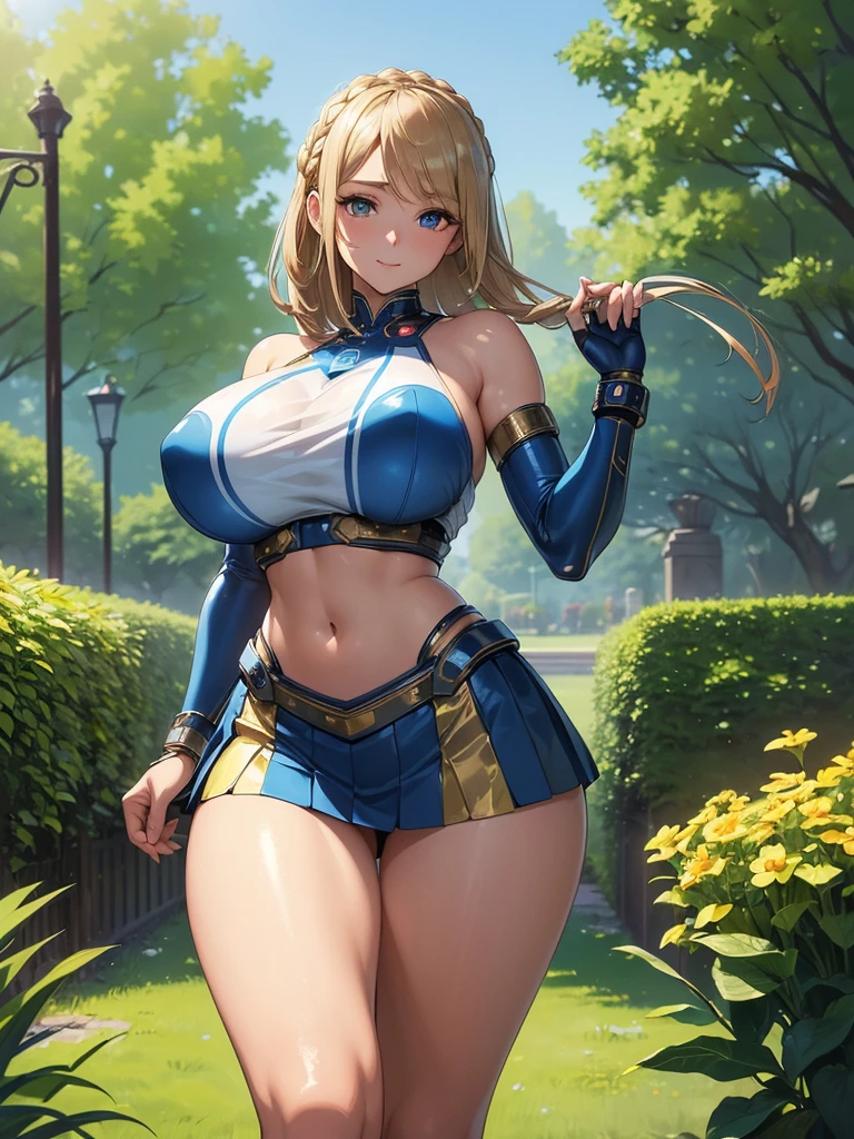 (((masterpiece))), (((best quality))), ((ultra-detailed)), (illustration), ((an extremely delicate and beautiful)), ((super detail)), ((high resolution)), (((20 years old))), metallic cloth, (cheerleader), (super heroine), (android), delicate metal decorations, gleaming skin, shiny body, two legs, breast focus, (((tall))), slender legs, ((big round eyes)), cute eyes, drooping eyes, ((adult)), two hands, five fingers, no extra hands, elegant smile, braid, ((metallic blue)), (see-through), (dark blonde), ((ultra-huge breasts)), (shining brightly), outdoor, mini skirt, daytime, ((biopunk)), (hair shorter than shoulder), (medium length hair), gynoid, (midriff-baring outfit), garden,