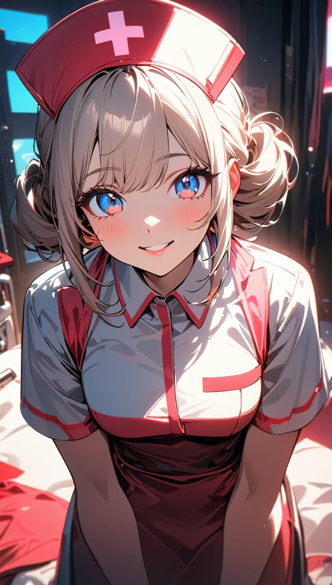 (highest quality:1.2, Very detailed, Latest, Vibrant, 超High resolution, High Contrast, masterpiece:1.2, highest quality, Best aesthetics), (((1 girl))), Beautiful nurse, Cute smiling nurse, Carefully drawn medical equipment, Medical Uniforms, Professionalism, Bright colors, Soft lighting, Expressive eyes, Detailed lips, Long eyelashes, original, Pleasant atmosphere, confidence, Focus on the nurse's face, Positive Energy, Calm background, Nurturing presence, High resolution, Sharp focus.