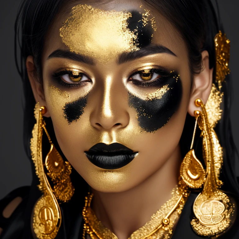 ultra 8k hd resolution, black and white photo raw, woman with gold paint on her face and black hair, digital art inspired by Hedi Xandt, pexels contest winner, digital art, portrait of metallic face, woman made of black flames, portrait shot, gold and black metal, 8k artistic portrait photography, black and gold rich color, black and gold colors, gold and black makeup
