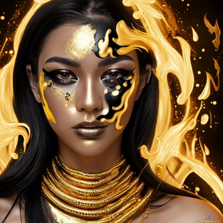 ultra 8k hd resolution, black and white photo raw, woman with gold paint on her face and black hair, digital art inspired by Hedi Xandt, pexels contest winner, digital art, portrait of metallic face, woman made of black flames, portrait shot, gold and black metal, 8k artistic portrait photography, black and gold rich color, black and gold colors, gold and black makeup
