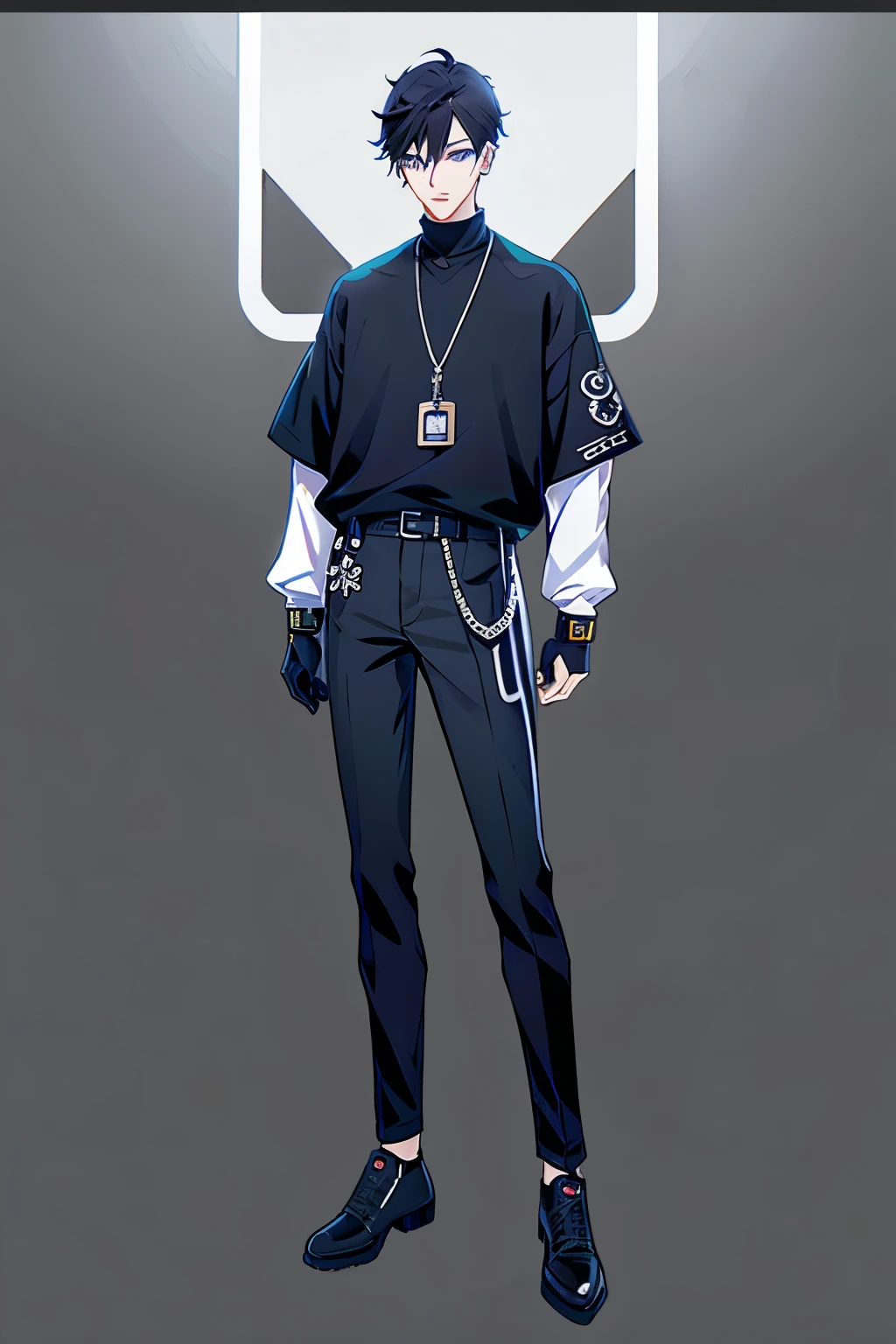 standing figure,Modern design,1 boy,White-haired anime person,Solitary,jacket,Black Hair,Pants,jewelry,Black shoes,Gloves,Gray background,,Full Body Love,黑Gloves,,necklace,belt,dog tag,,Black sweatshirt,short hair,,watch,  Beautiful Shinigami, Inspired by Border Guardians, male anime character, Anime Cover,, Tall anime man with blue eyes