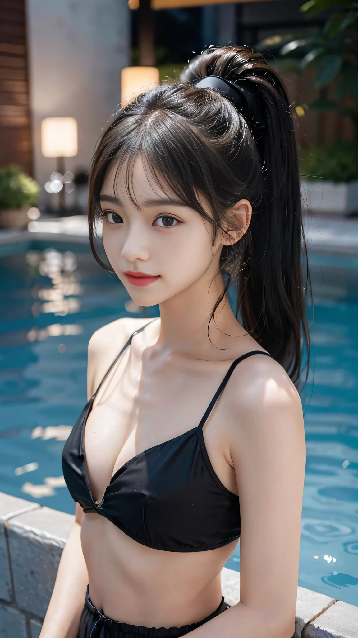 Pool at night,bikini,Close up face,One woman,masutepiece, The highest image quality, High quality, the background is clear,Beautiful woman, Japanese, Detailed, Detailed eyes, Detailed skin, Beautiful skin, 超hight resolution, (reality: 1.4),Very beautiful woman, Slightly younger face, Beautiful skin, slender, (Ultra photo realsisim), (hight resolution), (8K), (Very detailed) (beautifully detailed eyes), (super detailed), (Detailed face), view the viewer, Fine details, Detailed face, Staring straight ahead, Staring straight ahead, photos realistic, Bright lighting, Professional Lighting, Black hair,poneyTail,a baby face,fifteen years old,Hairstyle: ponytail,Long ponytail hairstyle,slight smile,neat and tidy clothing,Beautiful Japanese KPOP idol photo, hair style is ponytail, my eyes are double and wide, baby face, smile and look straight ahead, slender, small breasts,Close up face,