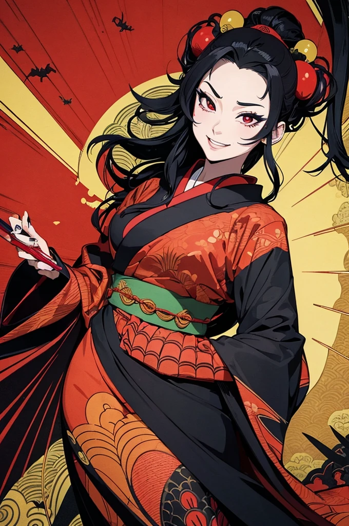 (masterpiece, best quality:1.1),
popart style,flat color,a lady,lady's lower body is that of a spider body,wearing japanese kimono,black long hair,bad smile,dark cave,Psycho Power,Ukiyo-e style illustration,dynamic angle,beautiful lighting,sharp,