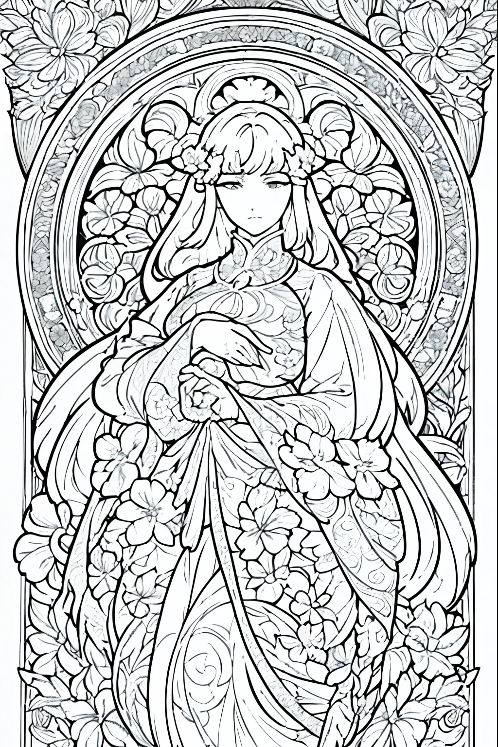 Flower Painting, Floral frame, Decorative panel, Abstract Art of Alphonse Mucha, sketchfab, 色や影のないLine artやシーン. (masterpiece, Better Quality, High resolution: 1.4), be familiar with, Intricate details, 4K, Color Splash, Line art, Fibonacci,