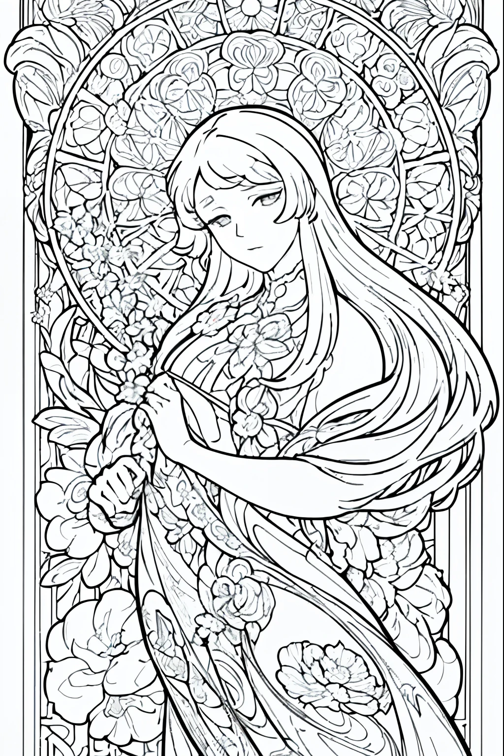 Flower Painting, Floral frame, Decorative panel, Abstract Art of Alphonse Mucha, sketchfab, 色や影のないLine artやシーン. (masterpiece, Better Quality, High resolution: 1.4), be familiar with, Intricate details, 4K, Color Splash, Line art, Fibonacci,
