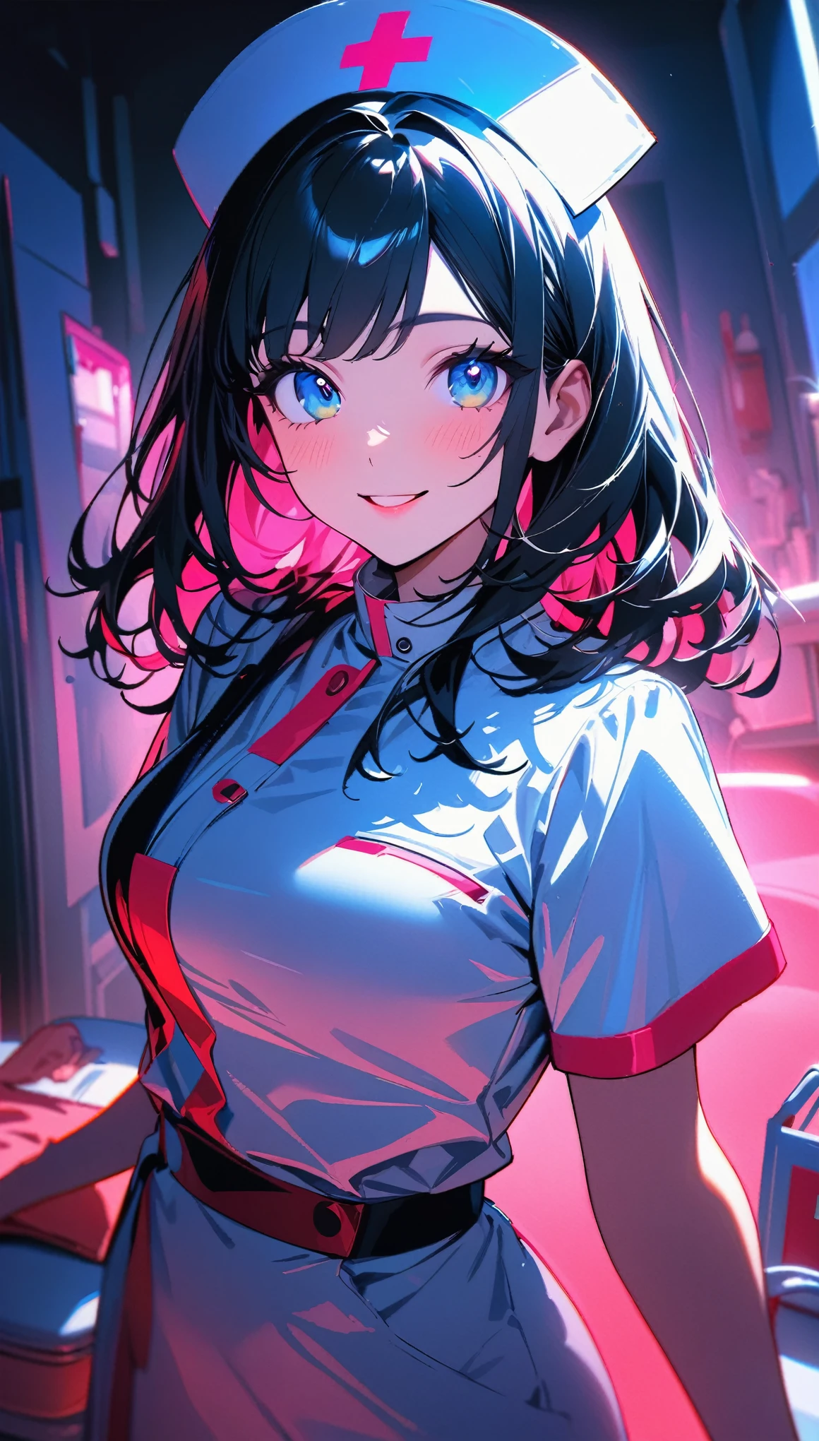 (highest quality:1.2, Very detailed, Latest, Vibrant, 超High resolution, High Contrast, masterpiece:1.2, highest quality, Best aesthetics), (((1 girl))), Beautiful nurse, Cute smiling nurse, Carefully drawn medical equipment, Medical Uniforms, Professionalism, Bright colors, Soft lighting, Expressive eyes, Detailed lips, Long eyelashes, original, Pleasant atmosphere, confidence, Focus on the nurse's face, Positive Energy, Calm background, Nurturing presence, High resolution, Sharp focus.