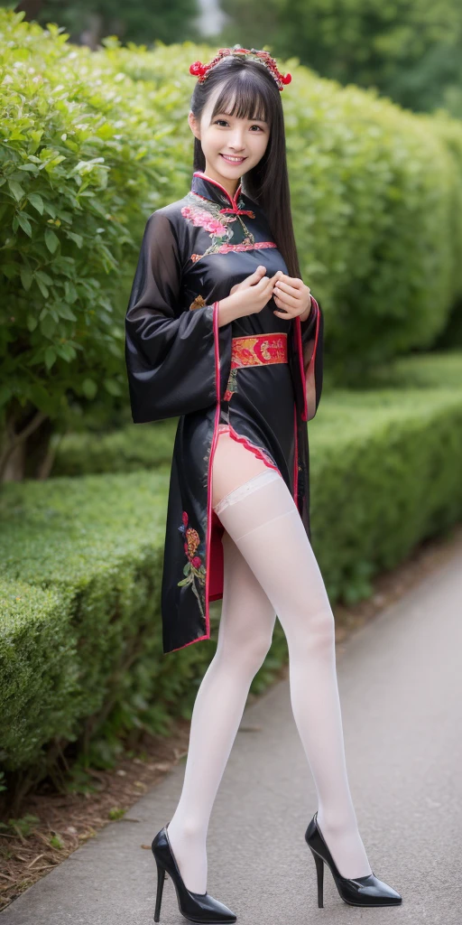 ((16k,super highest quality,Ultra-high resolution,masterpiece,Realistic,Realistic,Very detailed)),Young, adorable and cute 16 year old〜20 year old girl,((Seamless Ultra-thin All-through Pantyhose,Ultra-thin seamless pantyhose, sexy, all-through, beautiful legs, tights, stockings, sheer, pantyhose, ladies)),Full body photo,Full body angle,Esbian all over,Baby Face,single eyelid,Long legs,Thin legs,Thin thighs,Beautiful hands and feet,chest,Cute smile,Adorable smile,nice smile,Rose garden in the background,Long Straight Hair,Iris,Black Hair,A lovely, beautiful and youthful Japanese woman,With a young body,Slim waist,((Traditional Chinese Costume for Women,Short Chinese dresini Chinese Dress,Sexy Chinese Dress,Chinese Dress Sexy Lolita Dress)),((No underwear))