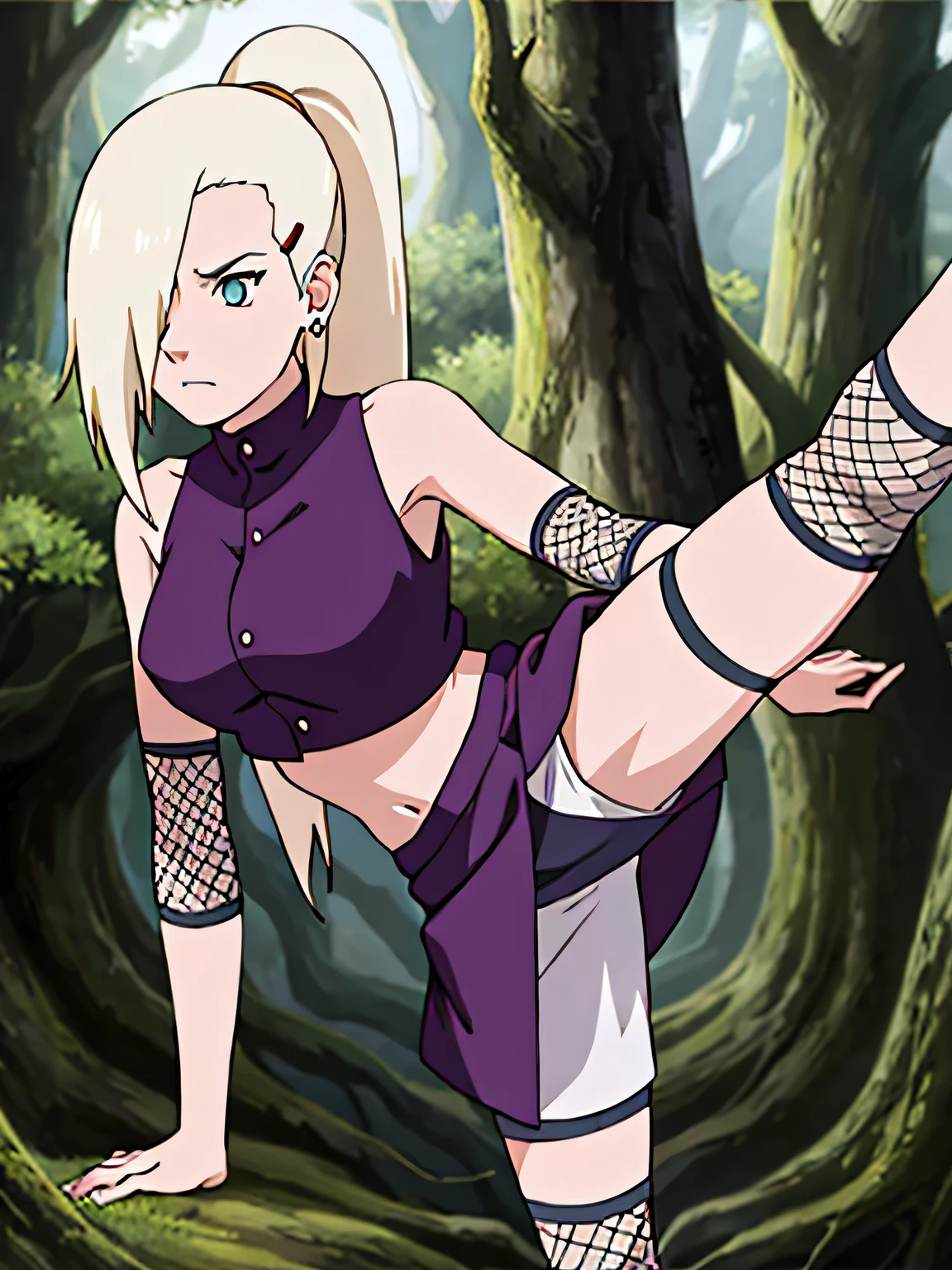 Yamanaka Ino, hair on one eye, ponytail, Hair clips, purple crop top, voluptuous, skirt, fishnet, earring, Diaphragm, show กางเกงใน, condescending, alone, 1 girl, Facing the front, Masterpiece, perfect face, jump, Raise your legs high., touch,straight legs, touch high legs, Voluptuous eyes, open skirt, Torn a leg ,In the forest, jumptouch, straight legs, Legs are straight., show กางเกงใน,open skirt