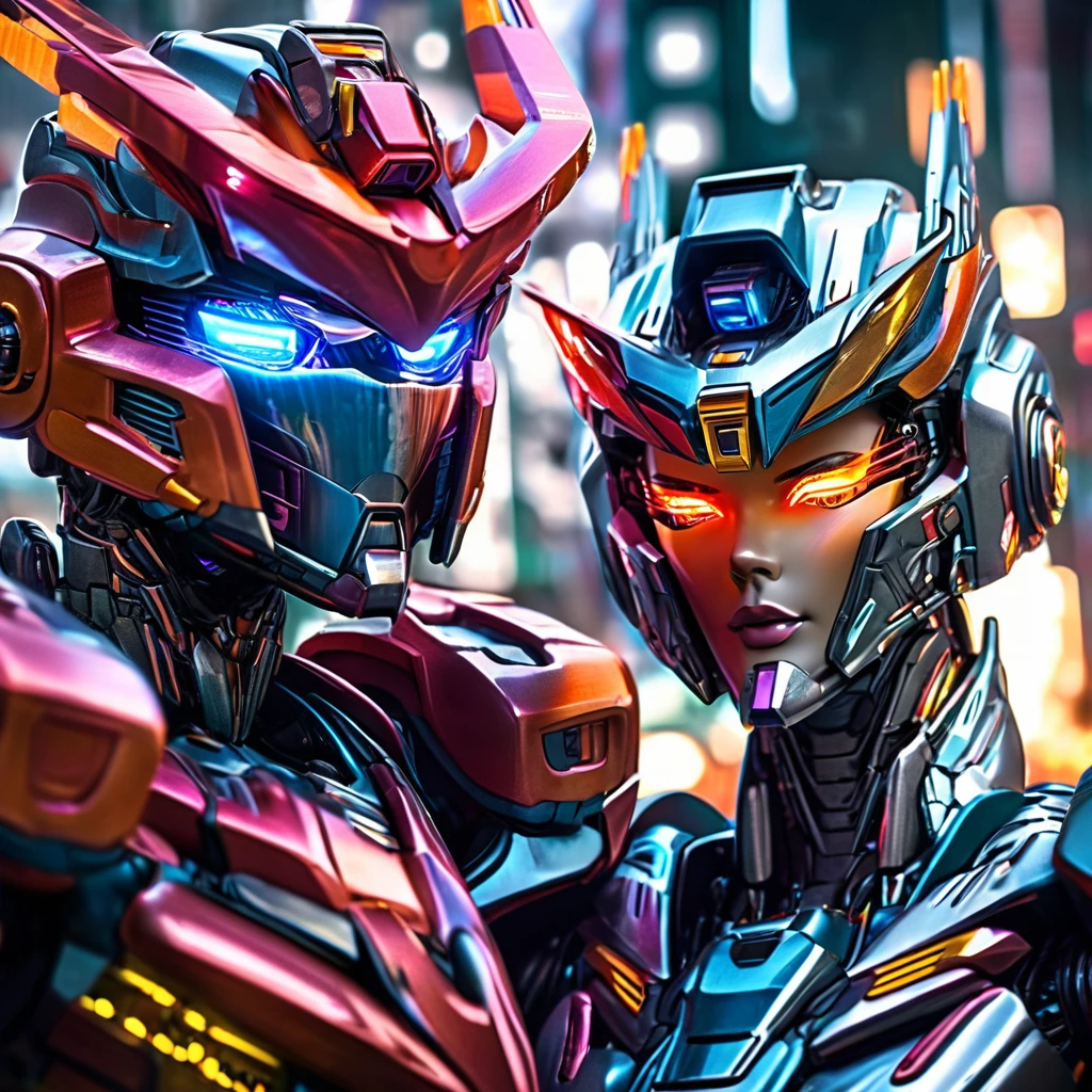 Very bestbest quality,ultra-detailed,medium:cybertron male and female bots,shades and metallic colors realistic,silver metallic texture,glowing colored eyeseyes,sharp focus,mechanical design,reflection in their armor,complex circuitry patterns,detailed facial features,shining metal surfaces,high-res,sci-fi,neon lights,action pose,hovering in the air,cityscape background,vivid colors,shadows and highlights,professional,bokeh beutiful lovely work detailed Cybertron bot kinda metallic features detailed definesfeatures HD 4k look High res high sheen on Cybertron including love and romance young new looking including  male with female bot lover full body pics 4k  in all images