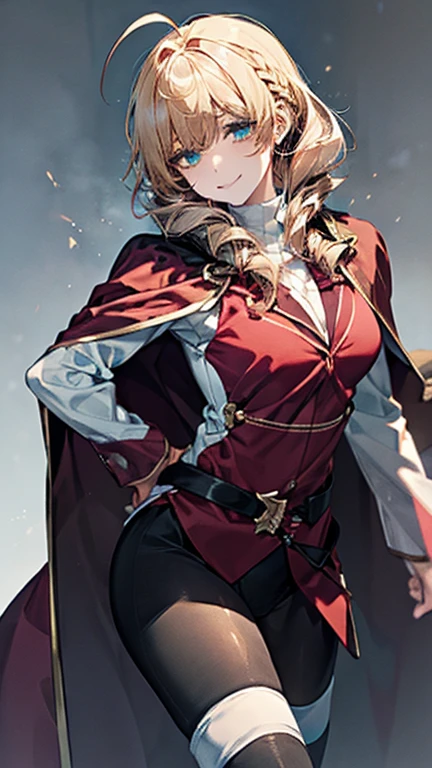 masterpiece, 1girl, sparrow, a blonde haired girl, wearing a brown viking clothes, curly medium hair, messy hair, slim body, wearing furry capelet with hoody, he close her left eye, shirt ornament, aqua eyes, sho show her back, ahoge, red vest, baby face, big breast, beautiful breasts, rounded breasts, braid hair, long sleeves, beautiful eyes, white stocking, droopy eyes, her age is 19 years old, smile, ancient viking 