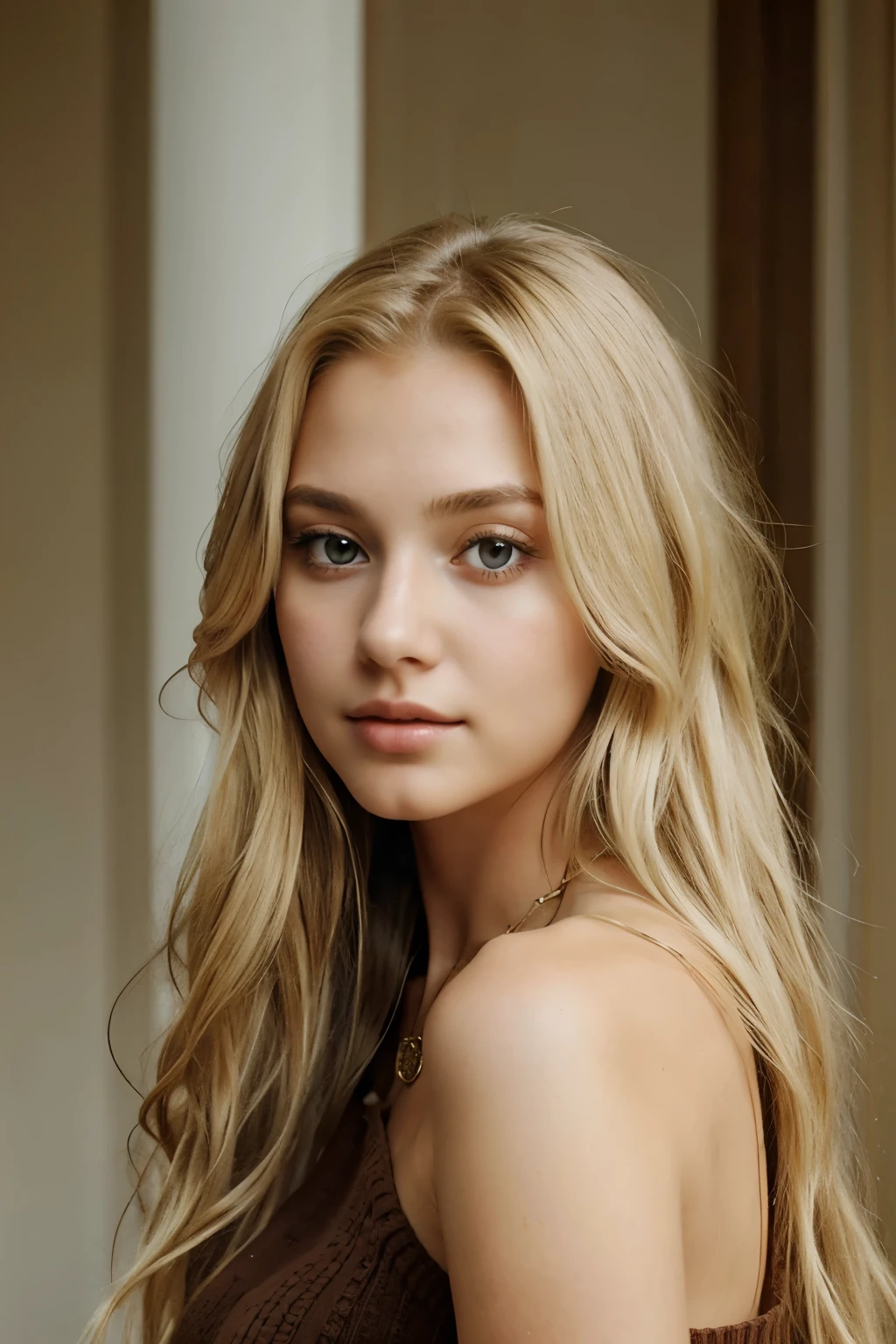 1girl in, age19, Solo, Long hair, Colossal , Looking at Viewer, blondehair, Bare shoulders, Brown eyes, jewely, Full body, a necklace, off shoulders, Sweaters, Realistic, A sexy
