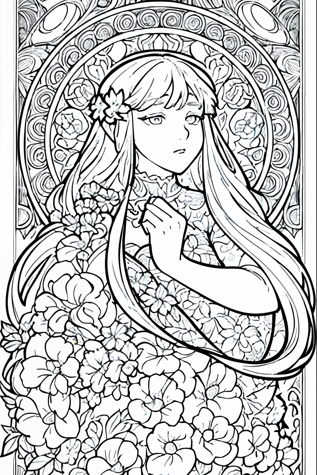 Flower Painting, Floral frame, Decorative panel, Abstract Art of Alphonse Mucha, sketchfab, 色や影のないLine artやシーン. (masterpiece, Better Quality, High resolution: 1.4), be familiar with, Intricate details, 4K, Color Splash, Line art, Fibonacci,