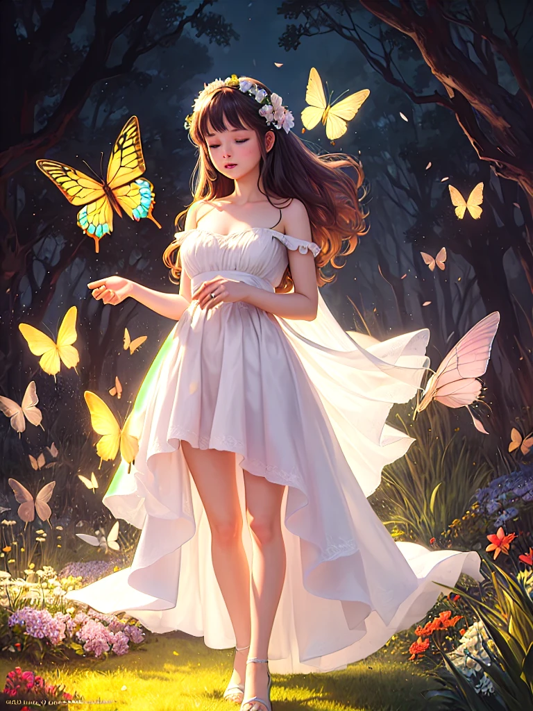1girl, solo, full body, (masterpiece:1.21), (best quality:1.2), colorful, (illustration:1.2), (cinematic lighting:1.1), (bare shoulders:1.21), (collarbone:1.21)
In this whimsical and fantastical garden, the scene is illuminated by a rainbow of (colorful fireflies), dancing and fluttering in the air. The garden is decorated by a gentle (drizzle), creating a misty and ethereal atmosphere. In the center of the scene, there is a single girl, an extremely delicate and beautiful girl, with cute features and an innocent expression. Her long hair is flowing with the wind. She is wearing no shoulder straps dress, which is ultra low cut, highlighting her delicate curves.
The lighting is very delicate and beautiful, creating a soft and warm glow that highlights the water, making it sparkle like diamonds. The finest grass is also illuminated, creating a lush and verdant carpet. The garden is surrounded by colorful flower fields, with blooms of every color and shape. (Colorful butterflies), of every shade and size, can be seen fluttering around the scene, adding to the overall sense of wonder and magic. (look ai viewer),A blush can be seen on her nose, and her mouth is slightly open, adding to the overall sense of innocence and youthfulness. Falling petals can be seen floating around her, adding to the overall sense of romance and beauty. A gentle wind is blowing through the scene, making the leaves rustle and the flowers sway, adding to the overall sense of movement and life. This is a scene of pure wonder and magic, filled with color and beauty, where the viewer can lose themselves in the enchanting and captivating world.