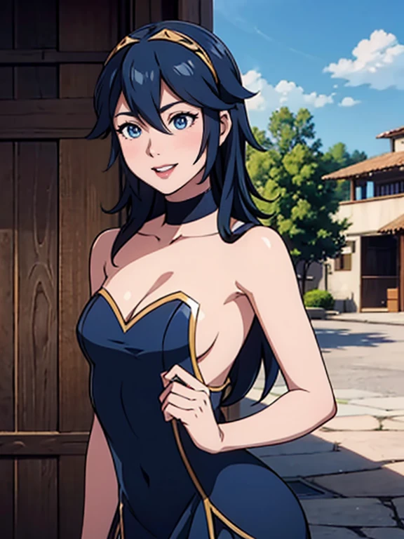 lucina fe, cabelo azul, olhos azuis, Vestido azul, strapless dress, longas luvas brancas de cotovelo, sorriso, batom vermelho claro, sombra roxa escura, inventar, gargantilha preta, tiro de vaqueiro