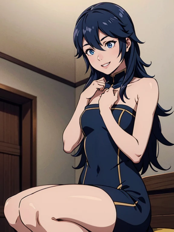 lucina fe, cabelo azul, olhos azuis, Vestido azul, strapless dress, longas luvas brancas de cotovelo, sorriso, batom vermelho claro, sombra roxa escura, inventar, gargantilha preta, tiro de vaqueiro