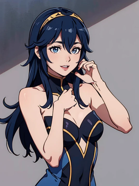 lucina fe, cabelo azul, olhos azuis, Vestido azul, strapless dress, longas luvas brancas de cotovelo, sorriso, batom vermelho claro, sombra roxa escura, inventar, gargantilha preta, tiro de vaqueiro