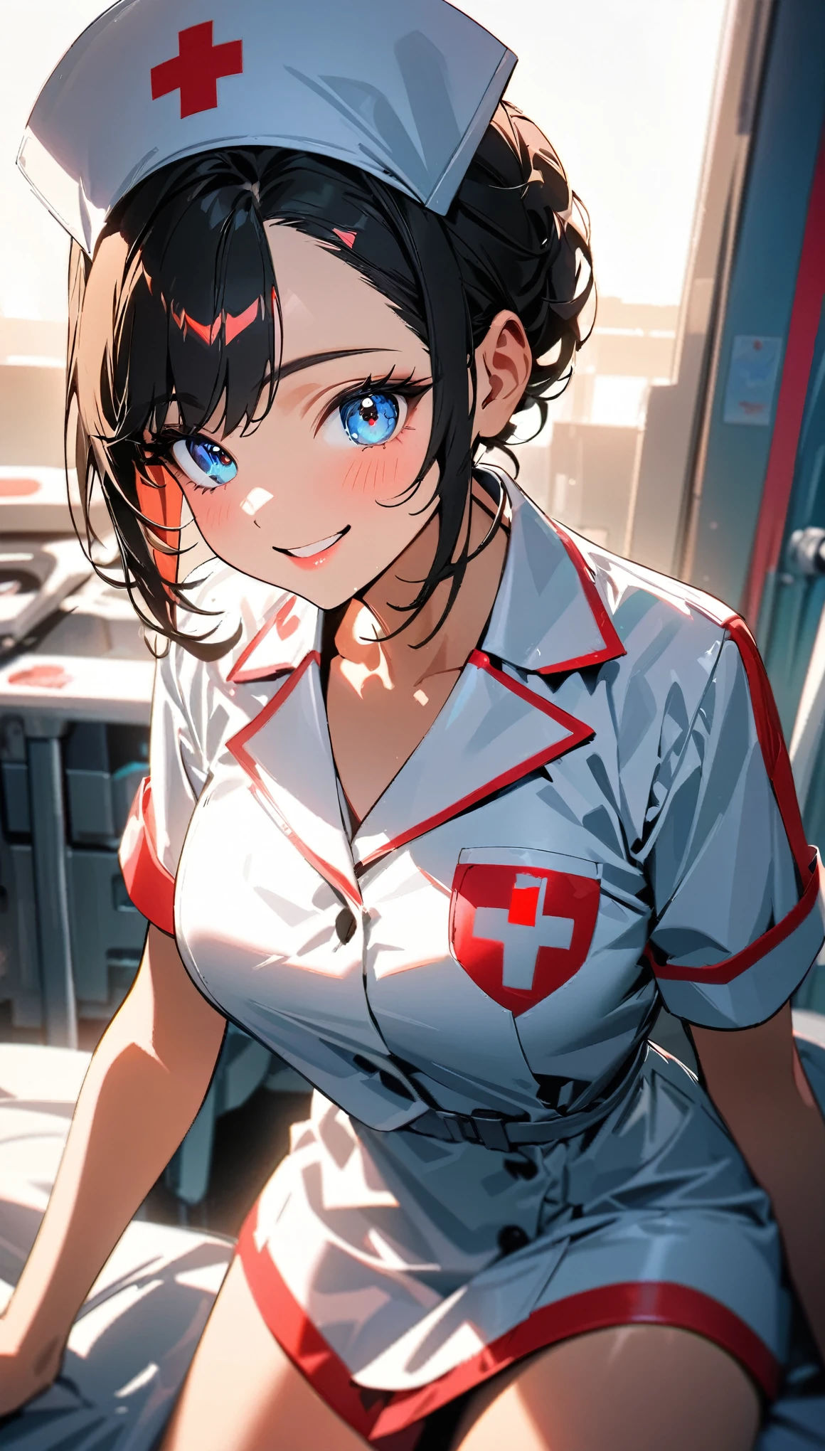 (highest quality:1.2, Very detailed, Latest, Vibrant, 超High resolution, High Contrast, masterpiece:1.2, highest quality, Best aesthetics), (((1 girl))), Beautiful nurse, Cute smiling nurse, Carefully drawn medical equipment, Medical Uniforms, Professionalism, Bright colors, Soft lighting, Expressive eyes, Detailed lips, Long eyelashes, original, Pleasant atmosphere, confidence, Focus on the nurse's face, Dutch Angle, Positive Energy, Calm background, Nurturing presence, High resolution, Sharp focus.