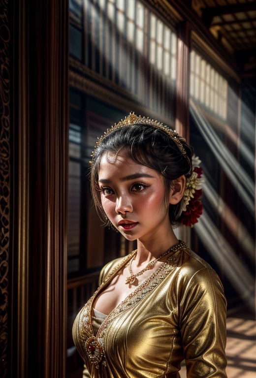 a gorgeous javanese hijab girl in a javanese kebaya in a huge room with outstanding soft rays of light scene, necklace, bracelet, detailed detail, soft rays of light, (medium framing shot), pay attention for the face detail, masterpiece, ultra sharp image,
