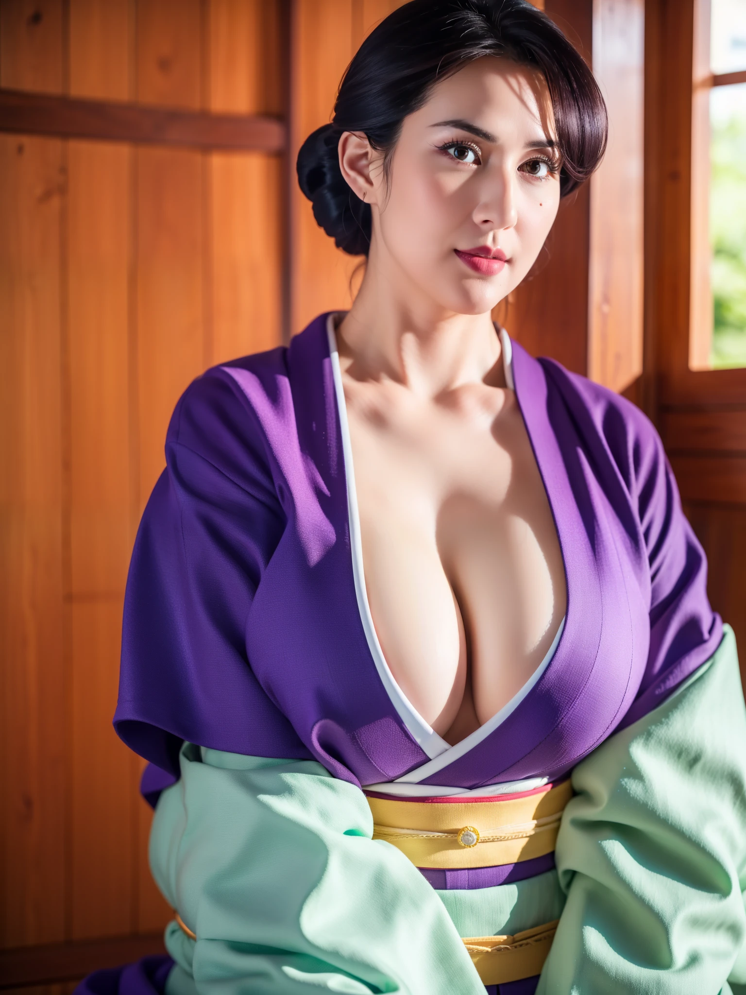 (masterpiece, Best quality, unified 8k wallpaper, high resolution), ambient light, 1 milf, alone, (极OK_fair_detailed hair face eyes nose mouth skin, thin and long:1.3), rest
 (night:1.7),  Before opening the window, Sit upright, Sitting on the sofa, purple_kimono,sash, shouji, shrine, Japanese_clothing, Black_hair, hair_OK, lipstick, comics, 30 years old, adult, Huge long saggy breasts, looking at the audience，cleavage，cleavage