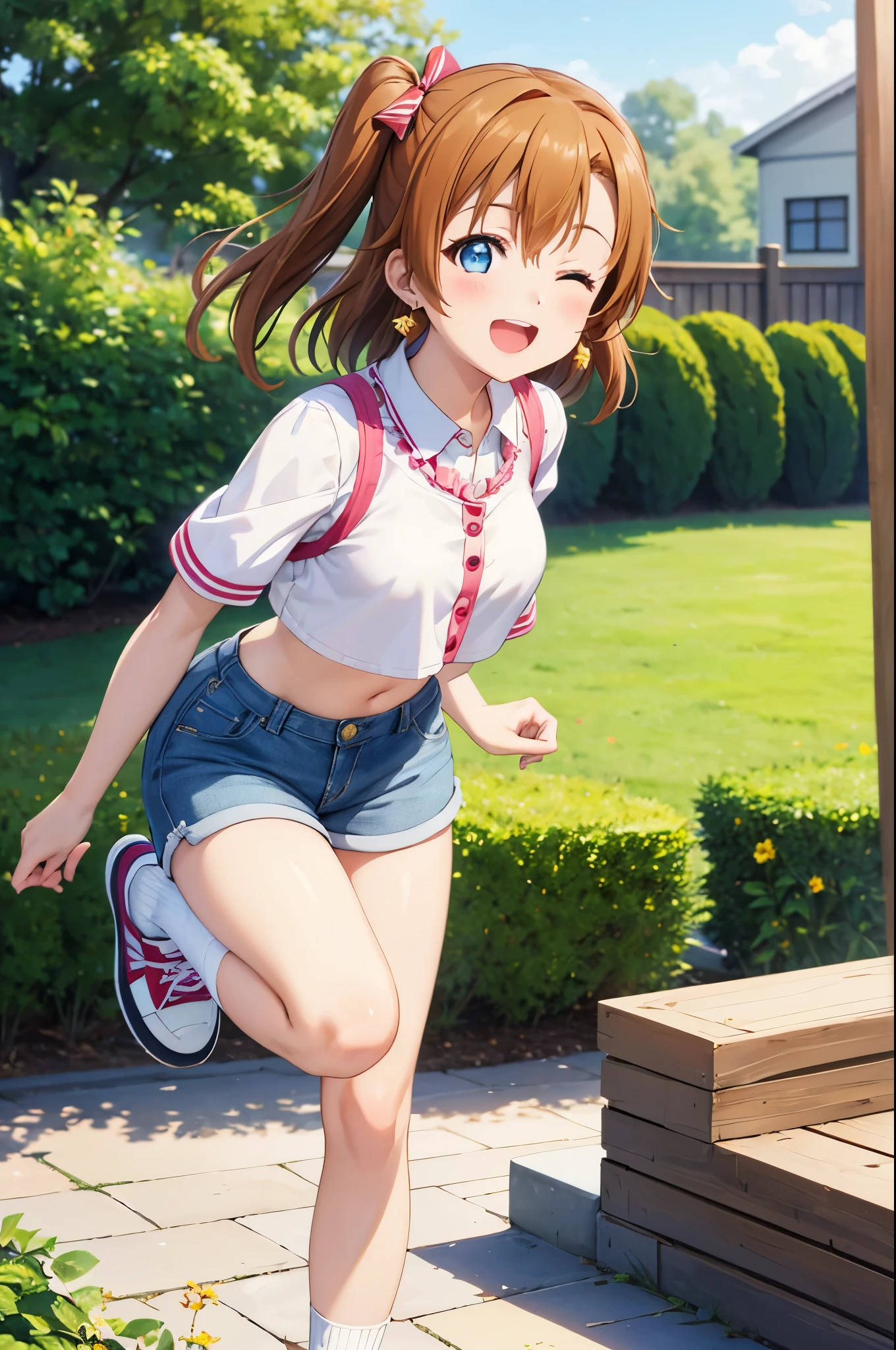 masterpiece, best quality,8k wallpaper, blue eyes, kousaka honoka, breasts , shorts,crop top with frilled ends,solo, earrings , blushing , sunlight , smile,:D, one eye closed , (standing on one leg), shoes , socks,in garden 