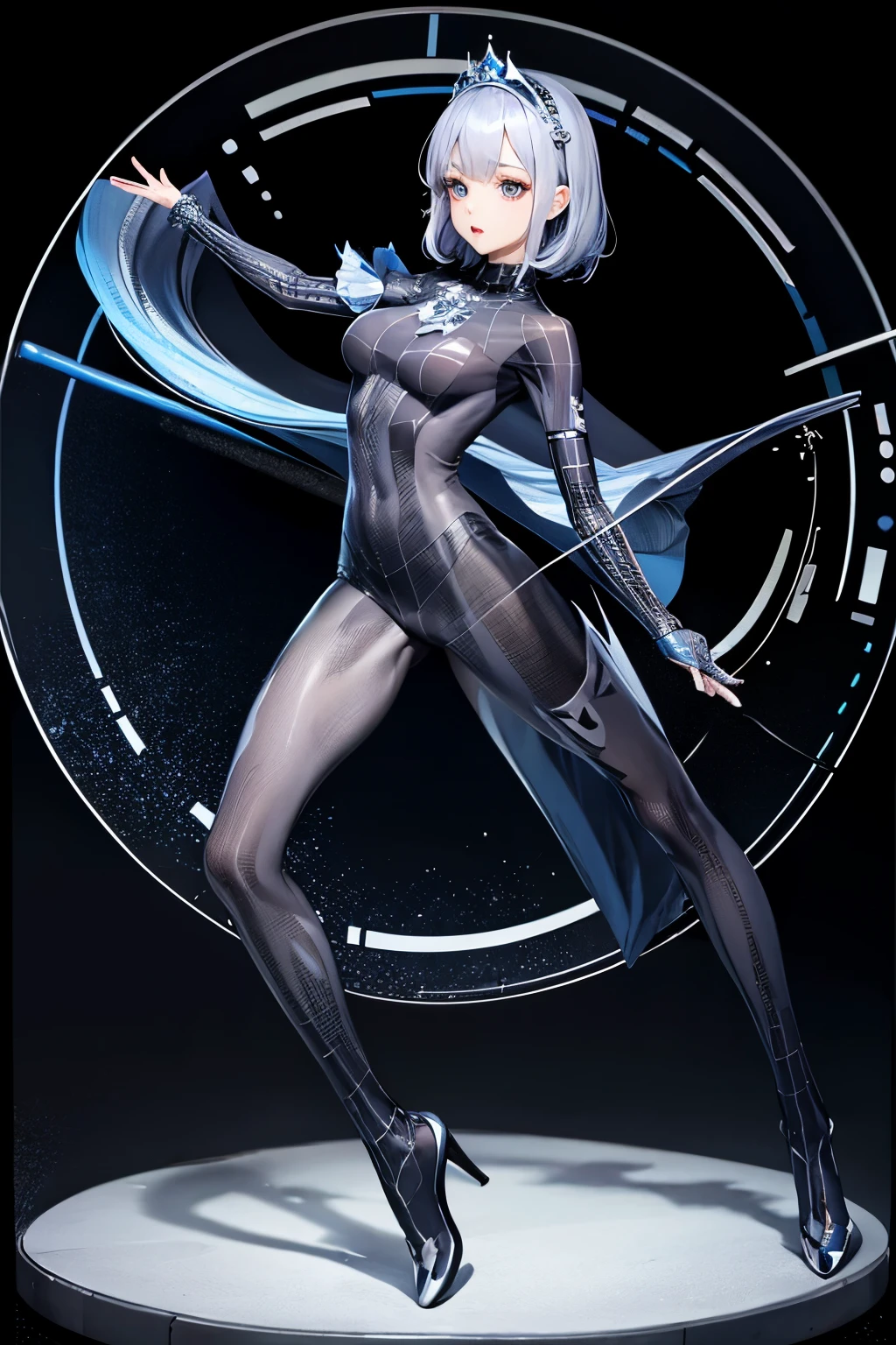 （（（highest quality、first-clasasterpiece、Normal body、8k、Detailed face、Ultra-precision、Normal hand、Normal finger、５Finger、）））Blue and silver hair、Princess、Full Body Tights、Fishnet tights、dance