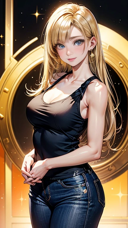 (((highest quality)), ((masterpiece)), (Very detailed), (Very high resolution), (Beautiful detailed sparkle), ((Anatomically correct))), ((Realistic)), 
8k, (Anime Style), Anime 2D Rendering, 
One Woman:1.5, 

(Symmetrical facial features:1.4, Perfect Face), Beautiful clavicle, (Beautiful fingers), (((Beautiful breasts, Slightly smaller chest))), 
Beautiful body, Beautiful thighs, Beautiful feet, Perfect round butt, (((Detailed skin, Textured skin, Beautiful shiny white skin))), 
BREAK 

(, cute, 18-year-old), 
Double eyelids, Natural eyebrows, Long eyelashes, 
(Expression of fine eyes, Beautiful and delicate eyes, Sparkling eyes, twinkle in the eyes, blue eyes), 
(Beautiful Nose,Thin Nose), 
(Glossy Lips, Beautiful Lips, thick lips), 

(Beautiful Hair, Shiny Hair, Shiny Hair), Hair fluttering, (Blonde, Hime cut:1.4), 
BREAK 

(Black tank top:1.4)、(Denim skinny pants), sneakers, Earrings、Silver Necklace、 BREAK 

(Enchanting、Embarrassed expression、Laughing expression), (First Person View、Place your hands above your head)、((sunlight、coastal))
