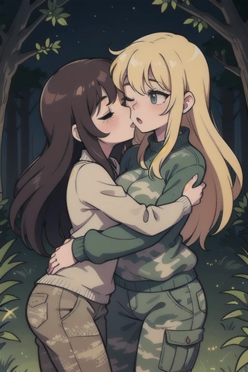 Lesbian girls with long hair, With Your Eyes Closed,camouflage sweater camouflage pants, hug and kiss, forest at night