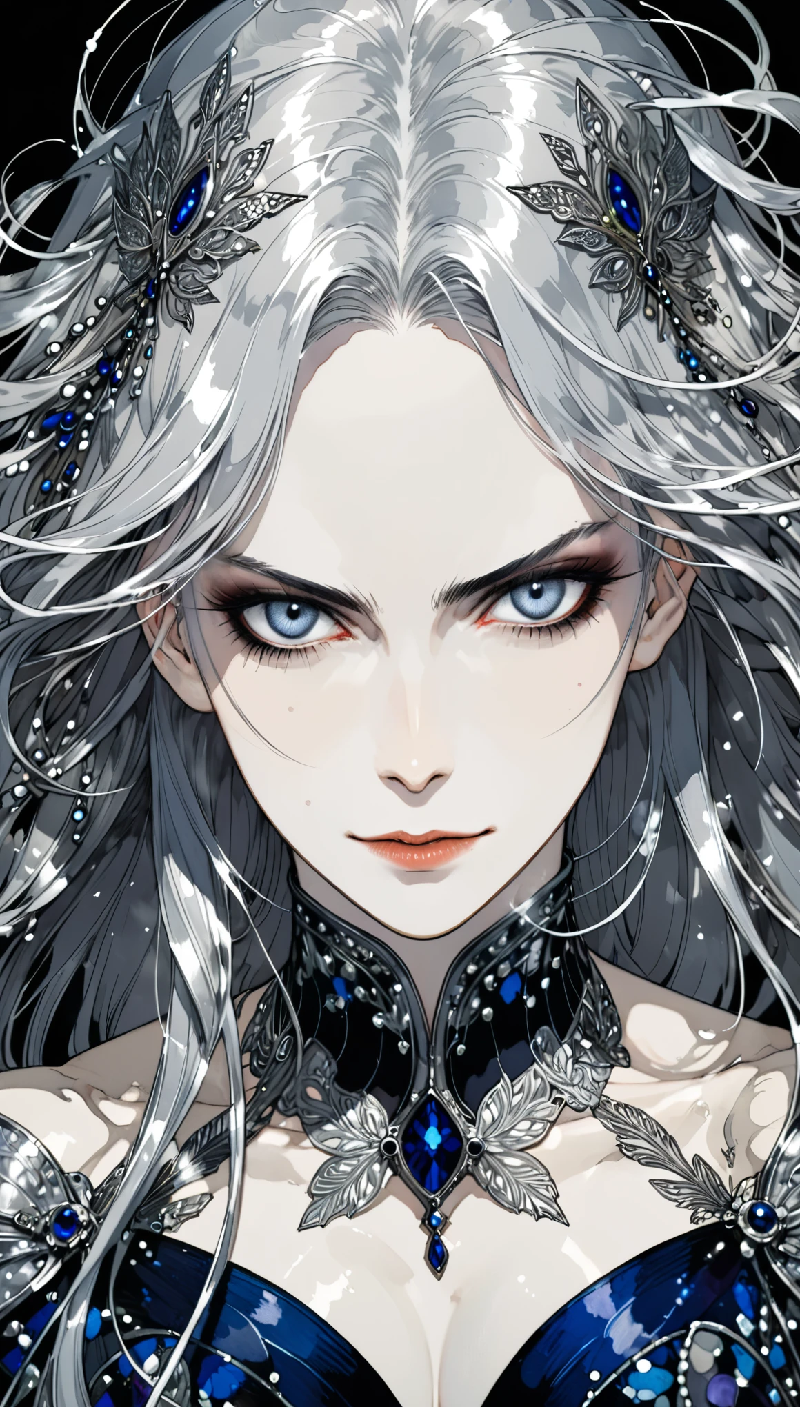in style of Harry Clarke,muscular female,character concept design,half body,paladin,contemptuous eyes,loose long flying hair,heroic,dynamic action,(an expression of contempt:1.3),(a defiant smile:1.1),(heavy_breathing:1.4),Silver long hair,(aggressive:1.4),(a sense of oppression:1.4),