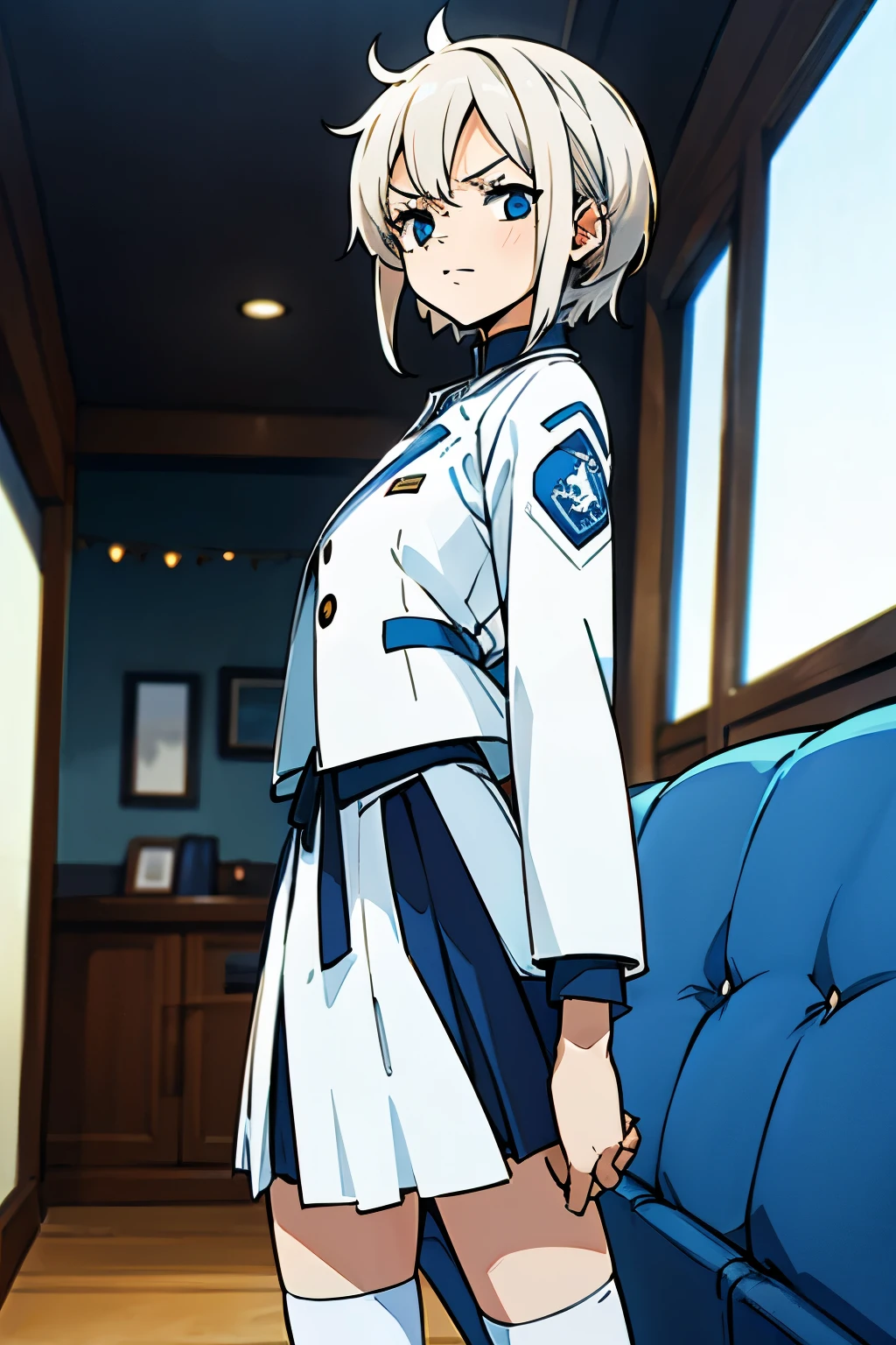 a thin tomboy girl, By looking forward, from the front pov, with the background in a living room,with short white hair, bright blue eyes, quite tall, slightly muscular,with a white jacket, black skirt, wearing white stockings, with her left eye covered by hair. Anime Style,((best quality)), ((masterprice))