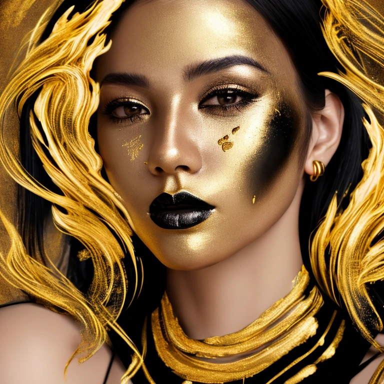 ultra 8k hd resolution, black and white photo raw, woman with gold paint on her face and black hair, digital art inspired by Hedi Xandt, pexels contest winner, digital art, portrait of metallic face, woman made of black flames, portrait shot, gold and black metal, 8k artistic portrait photography, black and gold rich color, black and gold colors, gold and black makeup