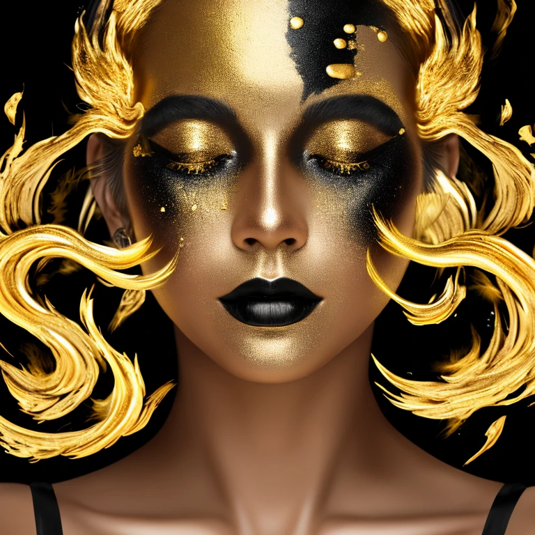 ultra 8k hd resolution, black and white photo raw, woman with gold paint on her face and black hair, digital art inspired by Hedi Xandt, pexels contest winner, digital art, portrait of metallic face, woman made of black flames, portrait shot, gold and black metal, 8k artistic portrait photography, black and gold rich color, black and gold colors, gold and black makeup
